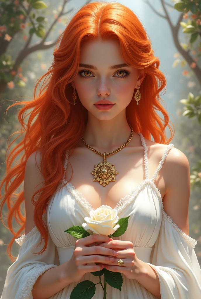  Create a high-resolution image,  THINKING ABOUT THE WORLD OF D & D OF A BEAUTIFUL YOUNG WOMAN OF THE BREED AASIMAR ,  WITH LIGHT AND PINK SKIN ,  HER ANGELIC FACE HAS SMALL FRECKLES SCATTERED ON HER NOSE AND CHEEKS, WITH SAD PHYSIOGNOMY.  HER EYES ARE BRIGHT AMBER . YOUR HAIR IS BRIGHT RED AND SHINY AND WITH SOME WHITE HIGHLIGHTS LONG HAIR, SHE WEARS A DRESS WITH STRAPS SAGGY ON HER SHOULDERS, White color ,SHE IS HOLDING A SUN MEDALLION AND A WHITE ROSE IN HER HANDS