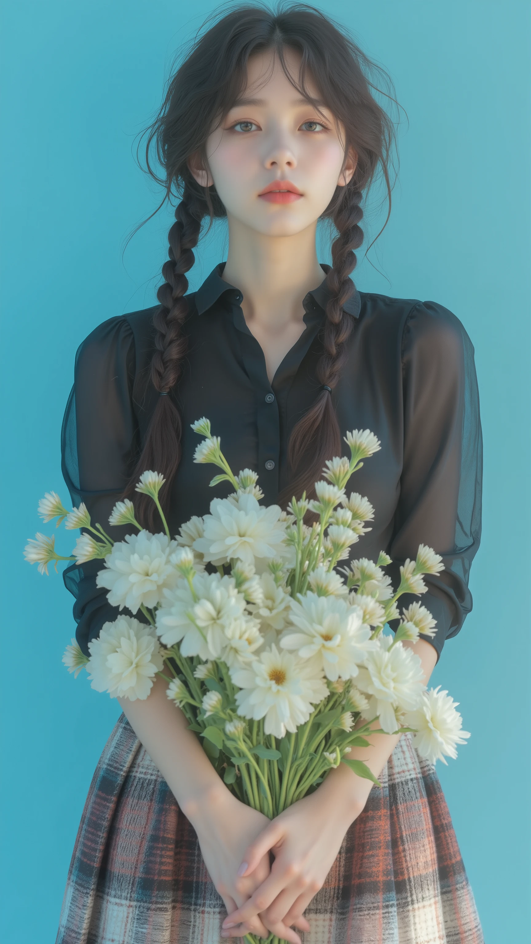 8k, masterpiece, highest quality, Surrealism, Korea's Beautiful Women, braided hair, retro style, black button-up top, plaid pleated skirt, holding white flowers, bright blue background, studio lighting, fashion photography, vintage aesthetic, pastel colors, high contrast, clean composition