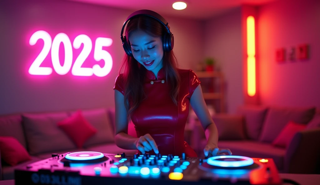 Beautiful lady dj playing turn table in spacestation