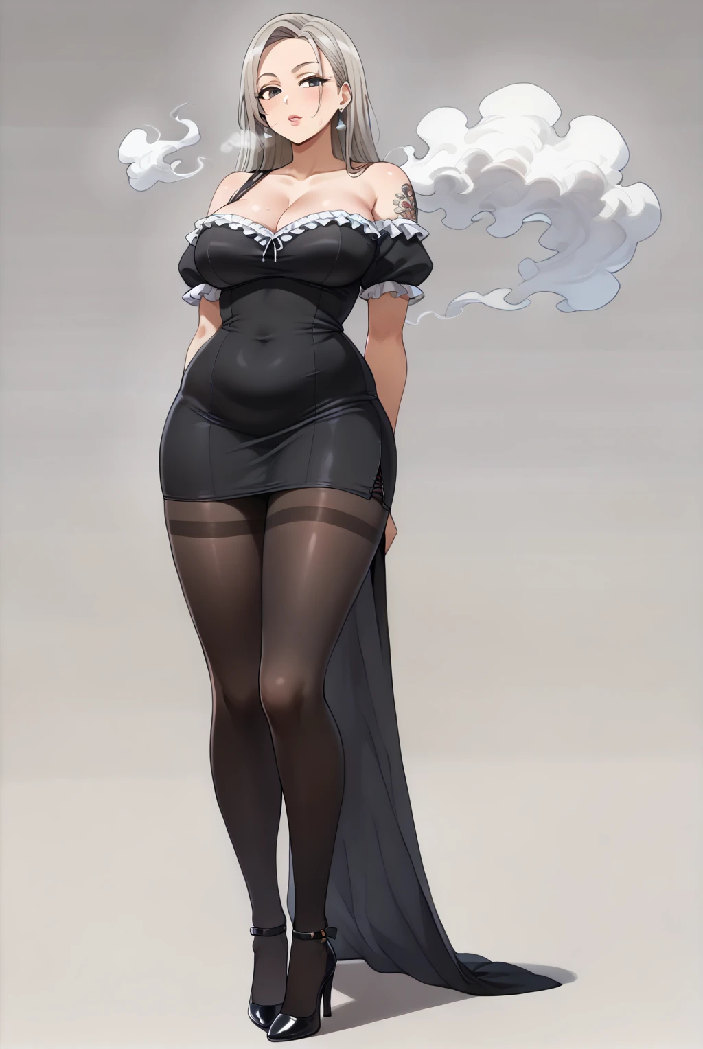Full body image of Lady Dimitrescu from Resident Evil Village, full body in image, wearing her original elegant outfit (long, off-white, vintage dress with a wide-brimmed hat, black gloves, and a black rose brooch), long hair, female body, curvy body, thick body, big thighs, voluptuous body, dynamic pose, detailed pose, simple background, expressive face showing a confident smile, focus on face, line art, sketch