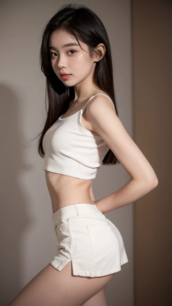 (surrealistic), (illutst), (high resolucion), (8K), (extremely detail), (the best illustration), (Beautiful detailed eyes), (beste Quality), (Ultra detailded), (巨作), (wall paper), (details face), 独奏, 1girls, Korea person, , Loose white shirt, Yoga pants,, long legs, Tight abs, camels toe, dinamic pose