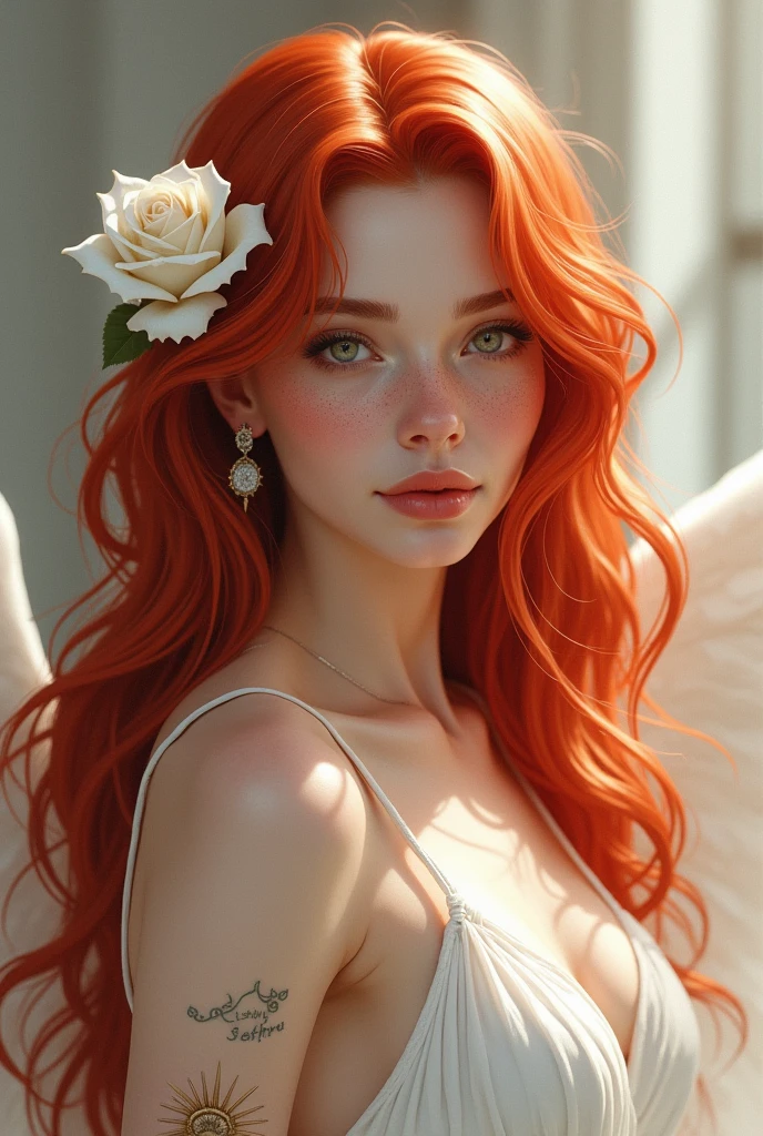 (Best quality,4K,8K,A high resolution,Masterpiece:1.2), Ultra-detailed,(Realistic,Photorealistic,photo-realistic:1.37), Amazingly beautiful girl with fire red hair, eery,ellegance, Enchanting eyes, Angel wings, Dressed in medieval armor. Crimson roses were scattered on the ground, Leather gloves, Slender legs, Fire red high heels.wedding gown