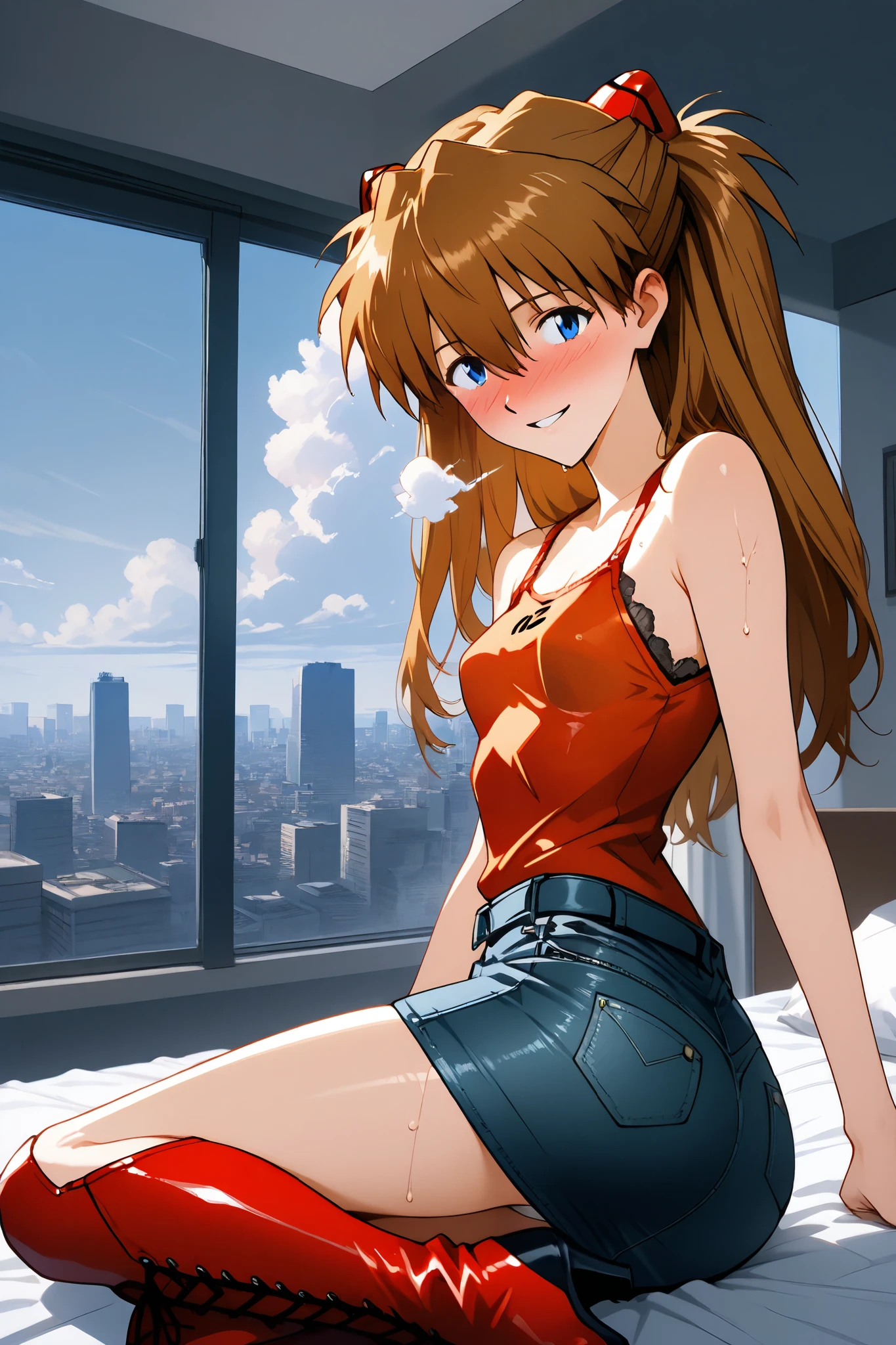 asuka_langley,1 female,solo,looking at the scenery,smile,
I_,wet brown hair,viewer,blue eyes,long hair,hair between the eyes,beautiful eyes,more detailed hair,
red leather tank-top,red lace up boots,thigh-high boots,high heels,jeans skirt(1.3),miniskirt,white panty,
ortrait,background,day,cloudy,city,
face_concentration,close-up,
beautiful legs,very thin thighs,thin calves,beautiful face,beautiful skin,
flat breast,nallow waist,butt close-up,Sweaty,incontinence,White Breath,I can see her panties,anatomically correct,
highest quality,masterpiece,high definition,soft lighting,
indoors,on bed,bed room,blush,drunk,cowboy shot,dutch angle
