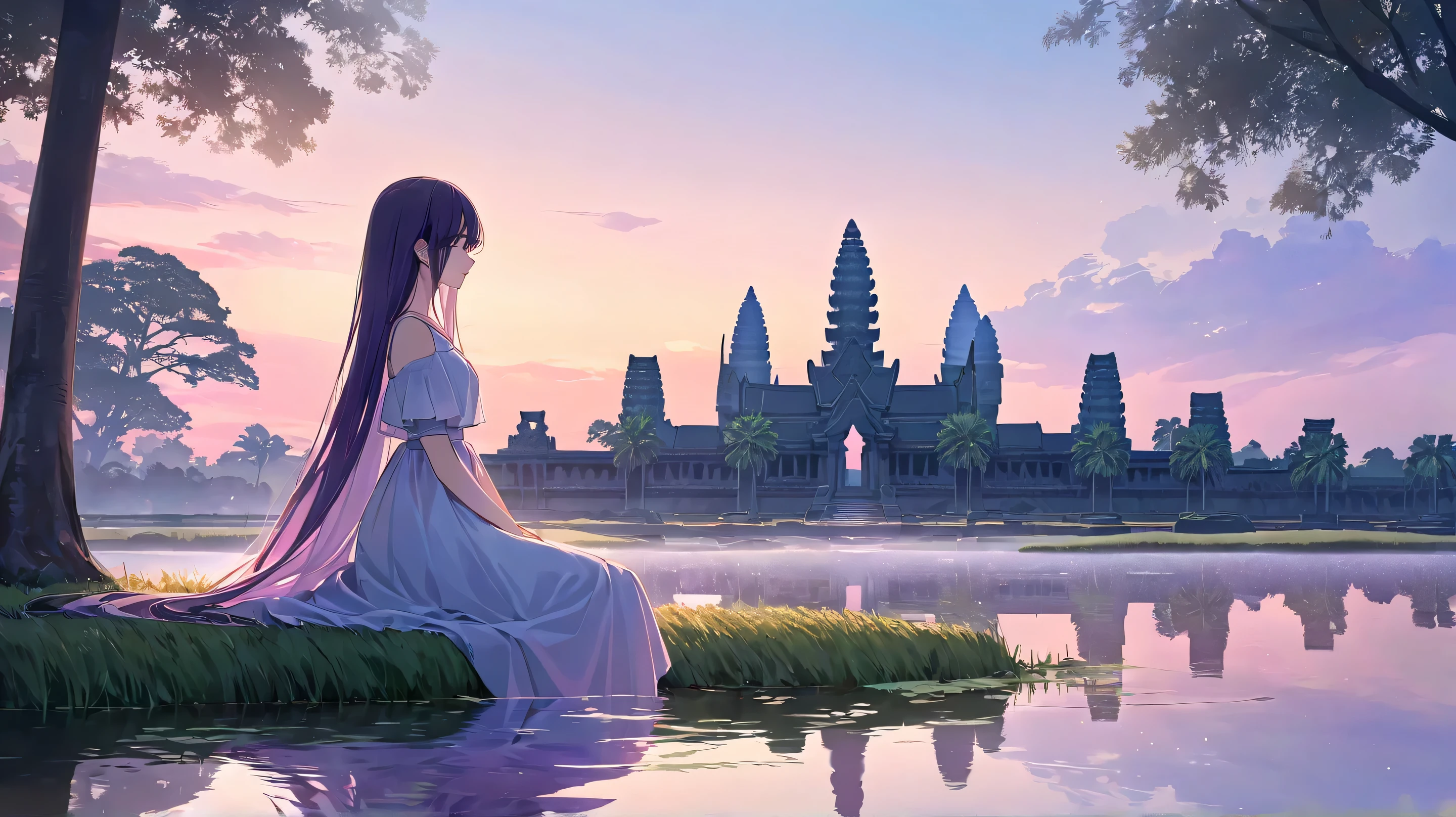 A serene twilight scene featuring the silhouette of Angkor Wat reflected in calm waters under a pastel-colored sky with hues of purple, pink, and blue. In the foreground, a young girl with long, flowing hair sits cross-legged on a grassy bank, gazing at the breathtaking view. She wears a simple yet elegant outfit, such as a flowing dress or casual attire, blending harmoniously with the tranquil atmosphere. Her posture conveys a sense of peace and wonder, while the soft light of dawn or dusk gently illuminates her figure. Capture the serene and meditative mood of the moment.