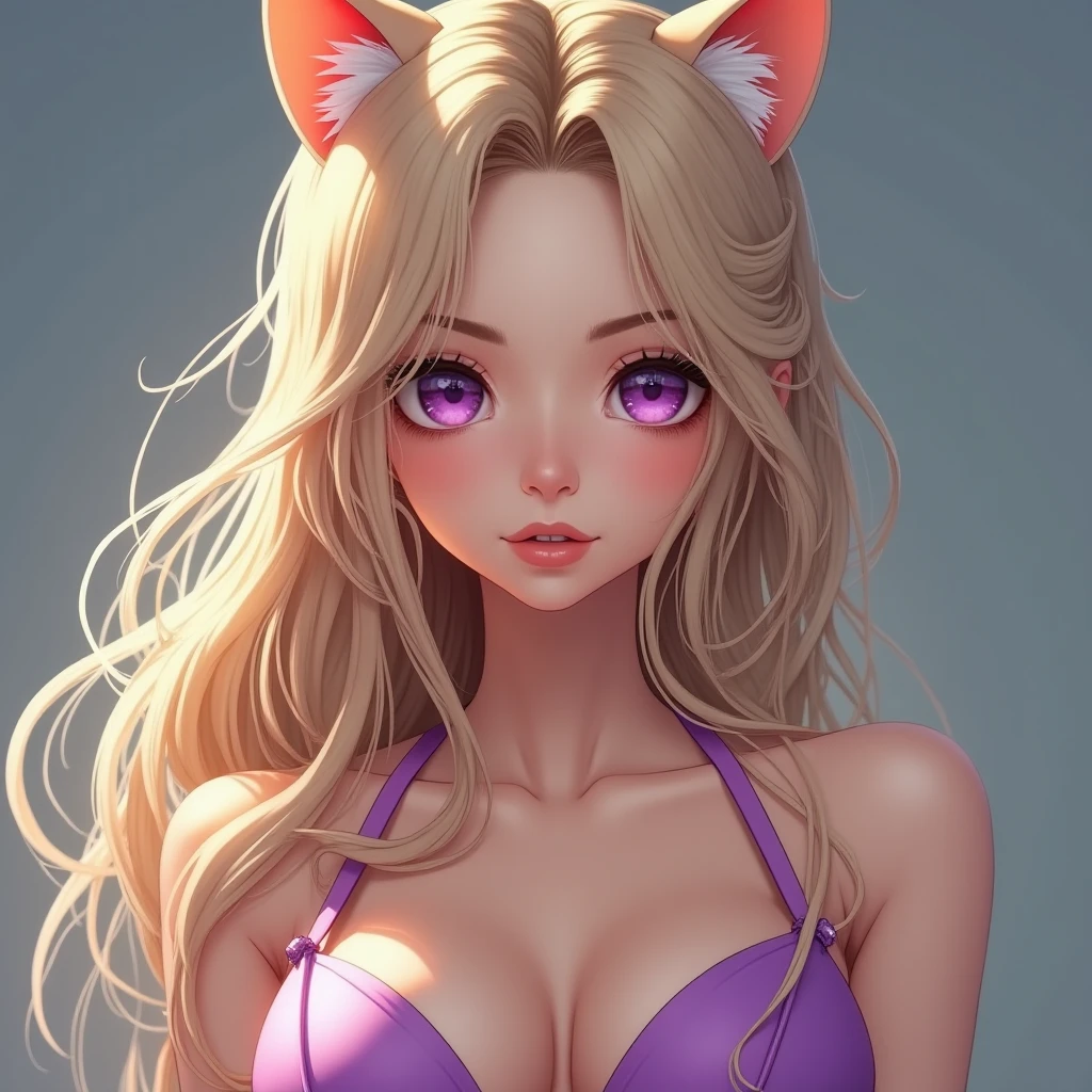 Blonde hair, blue eyes, 1girl, medium breasts, jewelry, long hair, necklace, solo, hair ornament, cleavage, sidelocks, bare shoulders, cloudy night, (dirty blond Fox ears:1.25), revealing clothes, crop top armor, short shorts armor, hair clip, bracelet, looking at viewer, (action shot, crawling on a bed: 1.25) (narrow hips & waist), simple background, mischievous face, shy smile,