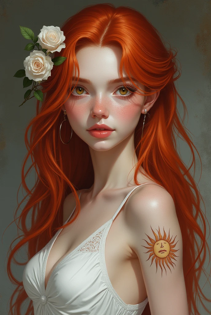  Create a high-resolution image,  THINKING ABOUT THE WORLD OF D & D OF A BEAUTIFUL YOUNG WOMAN OF THE BREED AASIMAR ,  WITH LIGHT AND PINK SKIN ,  HER ANGELIC FACE HAS SMALL FRECKLES SCATTERED ON HER NOSE AND CHEEKS, WITH SAD PHYSIOGNOMY.  HER EYES ARE BRIGHT AMBER . YOUR HAIR IS BRIGHT RED AND SHINY AND WITH SOME WHITE HIGHLIGHTS LONG HAIR, SHE WEARS A DRESS WITH STRAPS SAGGY ON HER SHOULDERS, White color ,SHE IS HOLDING A SUN MEDALLION AND A WHITE ROSE IN HER HANDS