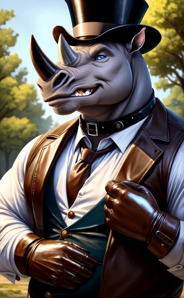 Solo, Male, close up, fat, extremely obese, steampunk, gentleman, dapper Rhinoceros, tilting head down, blue eyes, wearing a big leather collar around his neck, (soft shading), 4k, hi res, ((detailed face, detailed)), looking at viewer, evil grin, collared shirt with buttons, top-hat, necktie, male focus, Tailor Uniform, steampunk attire, vest with buttons, sleeves rolled up, dapper top-hat, dapper vest, tailor, outside setting, leather collar is worn above the necktie, Rhinoceros is wearing a glossy leather dog collar around the neck, Rhinoceros is wearing the leather collar and shirt and vest at the same time, Rhinoceros is wearing glossy white rubber gloves on the hands, wearing white rubber gloves on the feet, Rhinoceros is wearing glossy white gloves with cufflinks, gloves are rubber in texture, laughing evilly, clenching teeth, big leather collar is glossy and shiny with a lot of detail, Rhinoceros is wearing gloves and cufflinks at the same time, leather collar has a lot of detail, big leather collar is thick and detailed, rolled up sleeves, brown leather collar is visible and smooth, Rhinoceros's big leather collar has only one buckle, brown leather collar is buckled in the center of the Rhinoceros's neck, gloved hands, fancy top-hat, glossy top-hat, close up, (high quality,4k,8k,highres,masterpiece:1.2),ultra-detailed,(realistic,photorealistic,photo-realistic:1.37), masterpiece,(intricate details), captivating artwork, artistically rendered, masterful strokes, attention to detail, tasteful composition, alluring charm, careful shading, great attention to , meticulous rendering, impeccable craftsmanship, vivid colors, perfect balance between realism and fantasy.