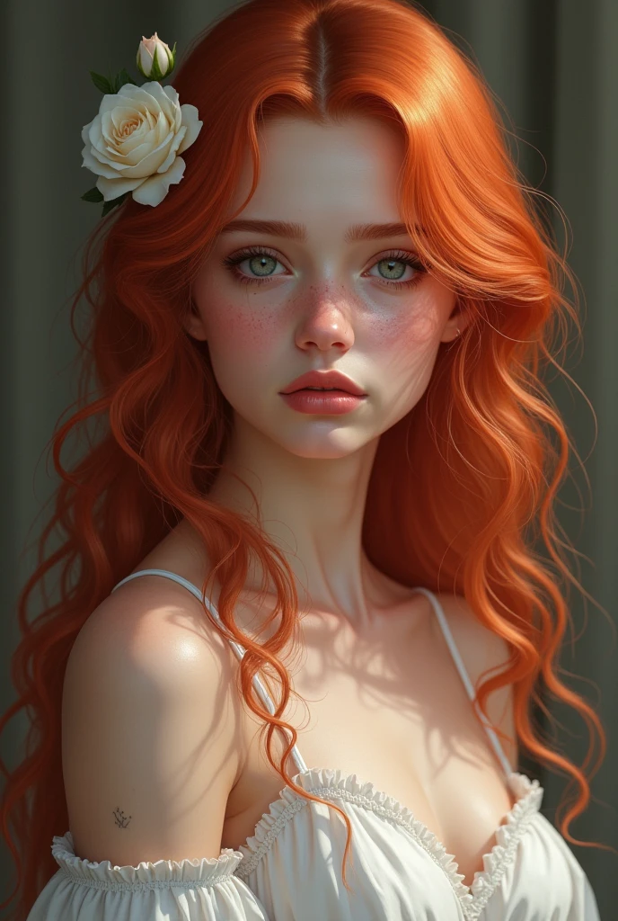  Create a high-resolution image,  THINKING ABOUT THE WORLD OF D & D OF A BEAUTIFUL YOUNG WOMAN OF THE BREED AASIMAR ,  WITH LIGHT AND PINK SKIN ,  HER ANGELIC FACE HAS SMALL FRECKLES SCATTERED ON HER NOSE AND CHEEKS, WITH SAD PHYSIOGNOMY.  HER EYES ARE BRIGHT AMBER . YOUR HAIR IS BRIGHT RED AND SHINY AND WITH SOME WHITE HIGHLIGHTS LONG HAIR, SHE WEARS A DRESS WITH STRAPS SAGGY ON HER SHOULDERS, White color ,SHE IS HOLDING A SUN MEDALLION AND A WHITE ROSE IN HER HANDS