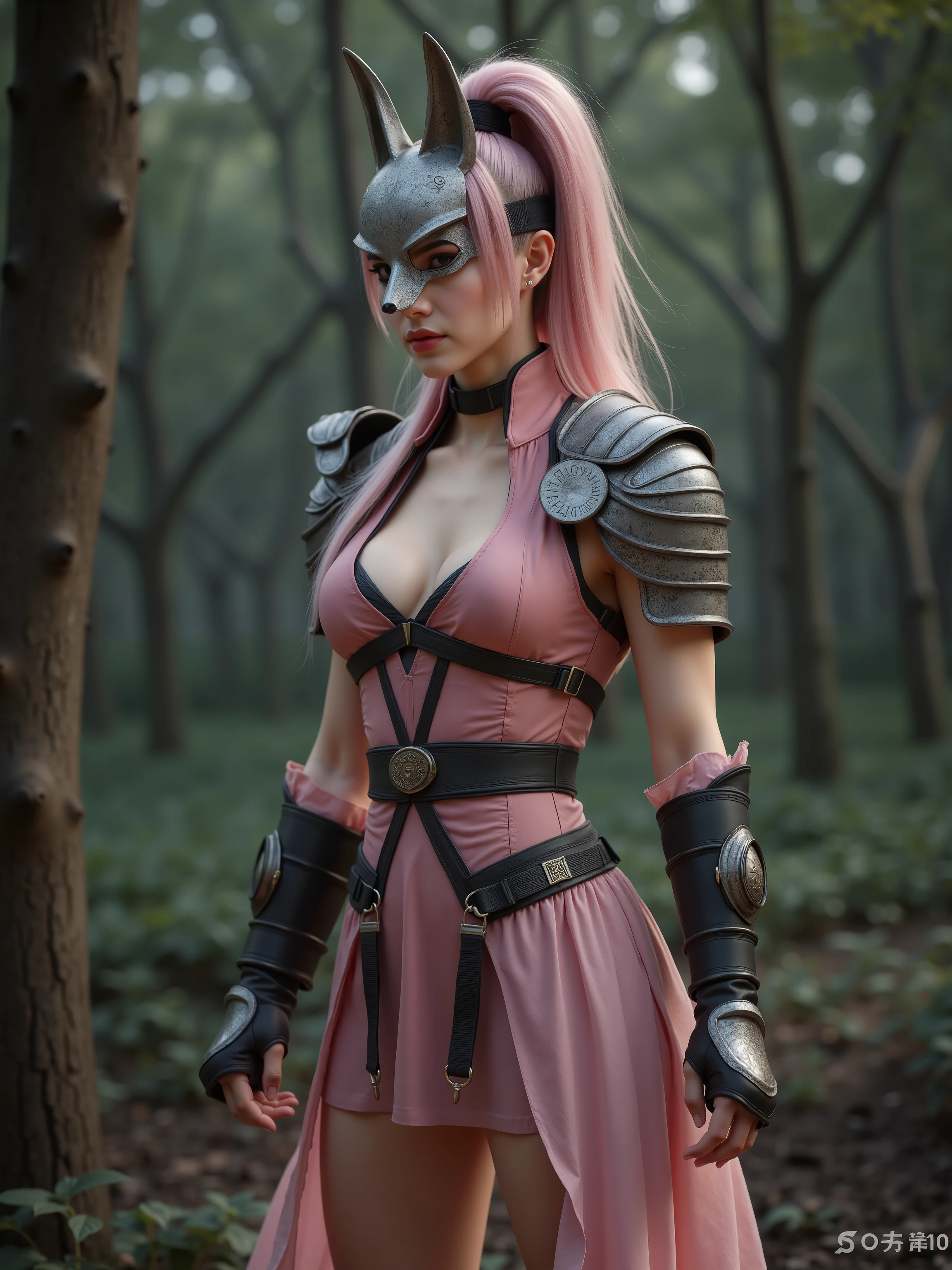 a woman, 25 years old, 175 cm , Beautiful small face Chinese girl face, D cup, Muscular , Pink Hair, high ponytail, (Wear a metal fox mask :2.0) Pink Sleeveless Martial Dress, with a black harness at the waist , Two hands wearing metal warrior guard , Metal warrior shoulder armor on right shoulder , fingerless gloves , Standing with both feet front and back under a tree, shows thighs, Double Fist Pitch Boxing Pose , panoramic, super wide angle, masterpiece, High Resolution , High detail, High Quality , Realistic Character Style , Divine Peak Light, character side