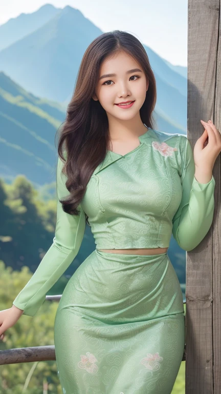 Girl in Burmese Dress, clear color, beautiful face, long hair , rounded body slender fingers