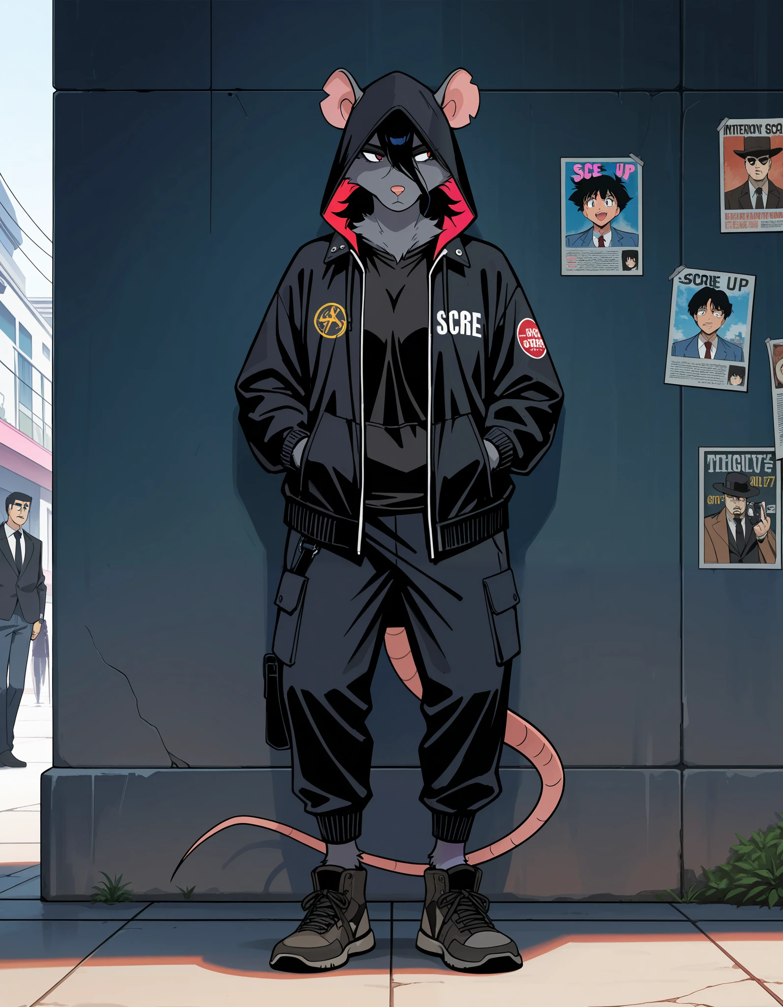 score_9, score_8_up, score_7_up, score_6_up, score_5_up, score_4_up, anime_source, 90's anime, (masterpiece), best quality, Anthropomorphic female, mysterious RAT woman, Grey fur, dark outer fur, light inner fur, antro, real fur, furry skin, DETAILED, mixed_artwork style, wearing a hooded jacket, long bangs, hiding sideways, behind a wall, suspicious, holding balde, Manga_animation, Anime illustration, stylized, pulp art, beautiful composition, busty, colorful, high res, juicy tits, Mobster, ((Rogue clothing)), (highres), wide view, cinematic 8k, UHD, Anarchist, Outlaw, (antro:1.1), Rat AND hybrid, MAFIA ratfolk, looking other way,