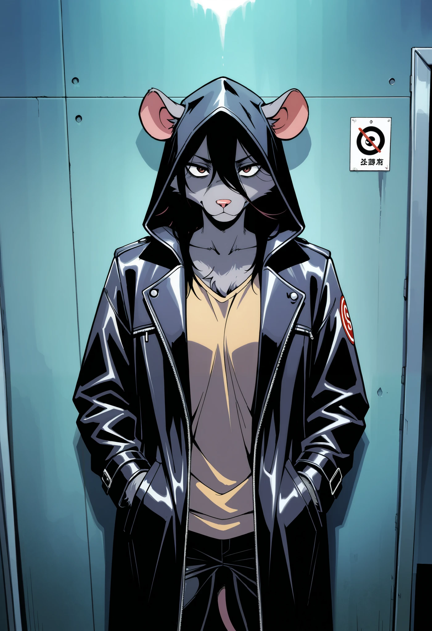 score_9, score_8_up, score_7_up, score_6_up, score_5_up, score_4_up, anime_source, 90's anime, (masterpiece), best quality, Anthropomorphic female, mysterious RAT woman, Grey fur, dark outer fur, light inner fur, antro, real fur, furry skin, DETAILED, mixed_artwork style, wearing a hooded jacket, long bangs, hiding sideways, behind a wall, suspicious, holding balde, Manga_animation, Anime illustration, stylized, pulp art, beautiful composition, busty, colorful, high res, juicy tits, Mobster, ((Rogue clothing)), (highres), wide view, cinematic 8k, UHD, Anarchist, Outlaw, (antro:1.1), Rat AND hybrid, MAFIA ratfolk, looking other way, close view,