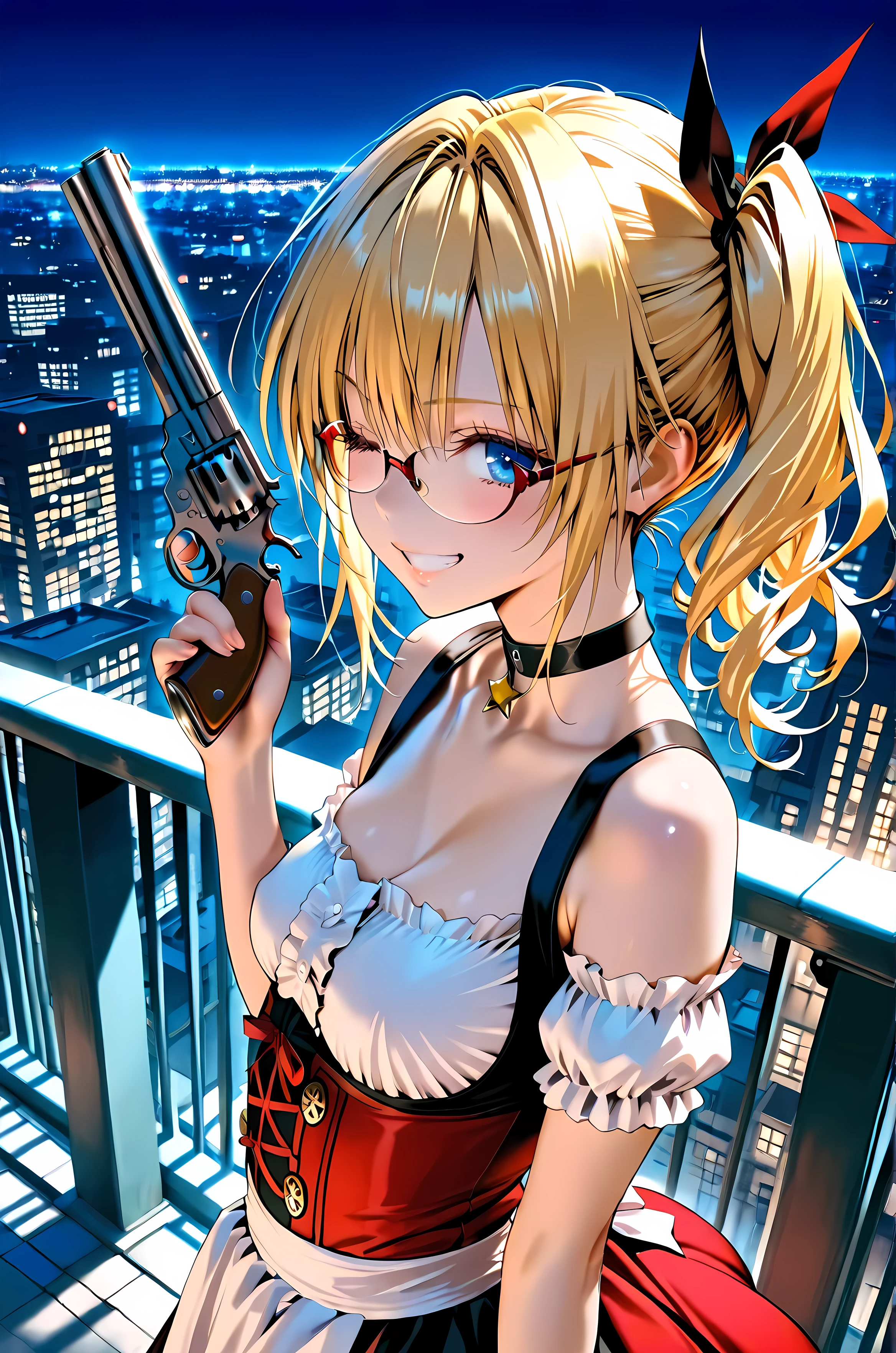 Looks about 20,(beautiful girl: 1.3),Highest quality,8k,Highly detailed CG unit wallpaper,masterpiece:1.2,top-quality,Ultra-high resolution,RAW Photos,real texture skin, photorealistic, Cinema Lighting,Huge buildings,metropolis,Big, round, beautifully shaped butt,),(Perfect hands, Perfect Anatomy), BREAK, (Medium Small breasts), Perfect Face, Symmetrical face, (glossy skin:1.6), beautiful shiny lips, solo, breack, ((Beautifully hand-drawn)), ((Blonde)), ((red dirndl)), ((Swaying side ponytail)), short wavy hair, hair ribbon, ((Blue Eyes)), (((one eye closed))), grin, (((({red slim glasses})))), BREAK, holding BIG silver revolver, upper body, ((from above)), midnight sky, city, bridge, choker, arm garter, eye focus,