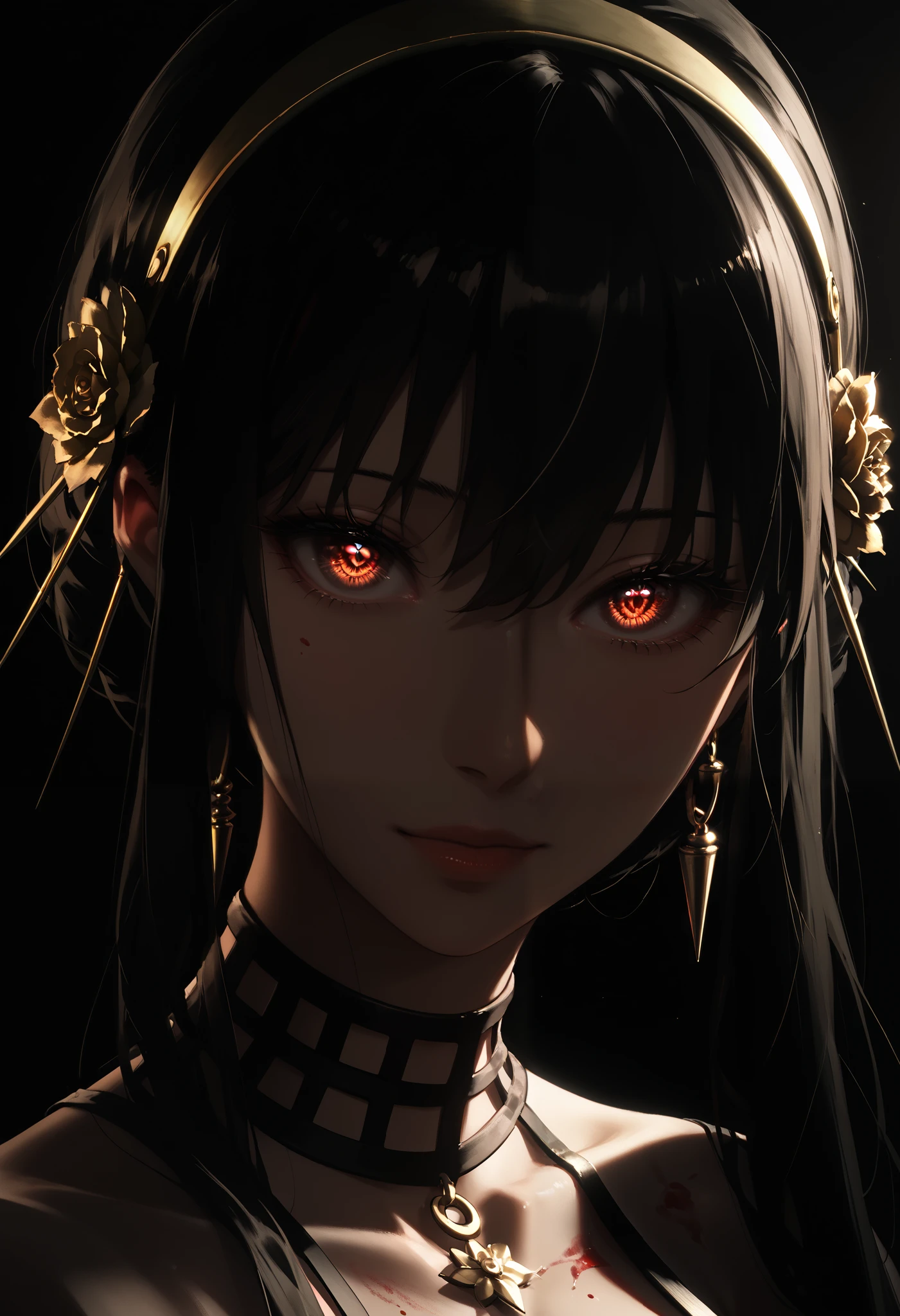 1girl, solo, yor briar, dutch angle, close up, black hair, golden headband, bright red eyes eyes, (beautiful detailed eyes: 1.2), blood stains, intricate choker, dark background, dark theme wallpaper, masterpiece, high quality, highly detailed