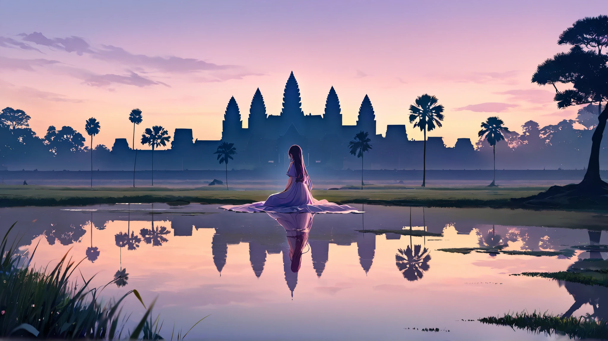 A serene twilight scene featuring the silhouette of Angkor Wat reflected in calm waters under a pastel-colored sky with hues of purple, pink, and blue. In the foreground, a young girl with long, flowing hair sits cross-legged on a grassy bank, gazing at the breathtaking view. She wears a simple yet elegant outfit, such as a flowing dress or casual attire, blending harmoniously with the tranquil atmosphere. Her posture conveys a sense of peace and wonder, while the soft light of dawn or dusk gently illuminates her figure. Capture the serene and meditative mood of the moment.