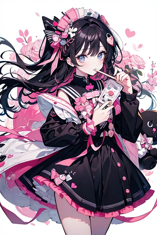 A creative animated illustration of a girl in Menhera style, with a dark and kawaii touch. She wears a  with medical details like bandages and patches, and is surrounded by elements that mix tenderness with the disturbing., like torn stuffed animals and pastel colored syringes.