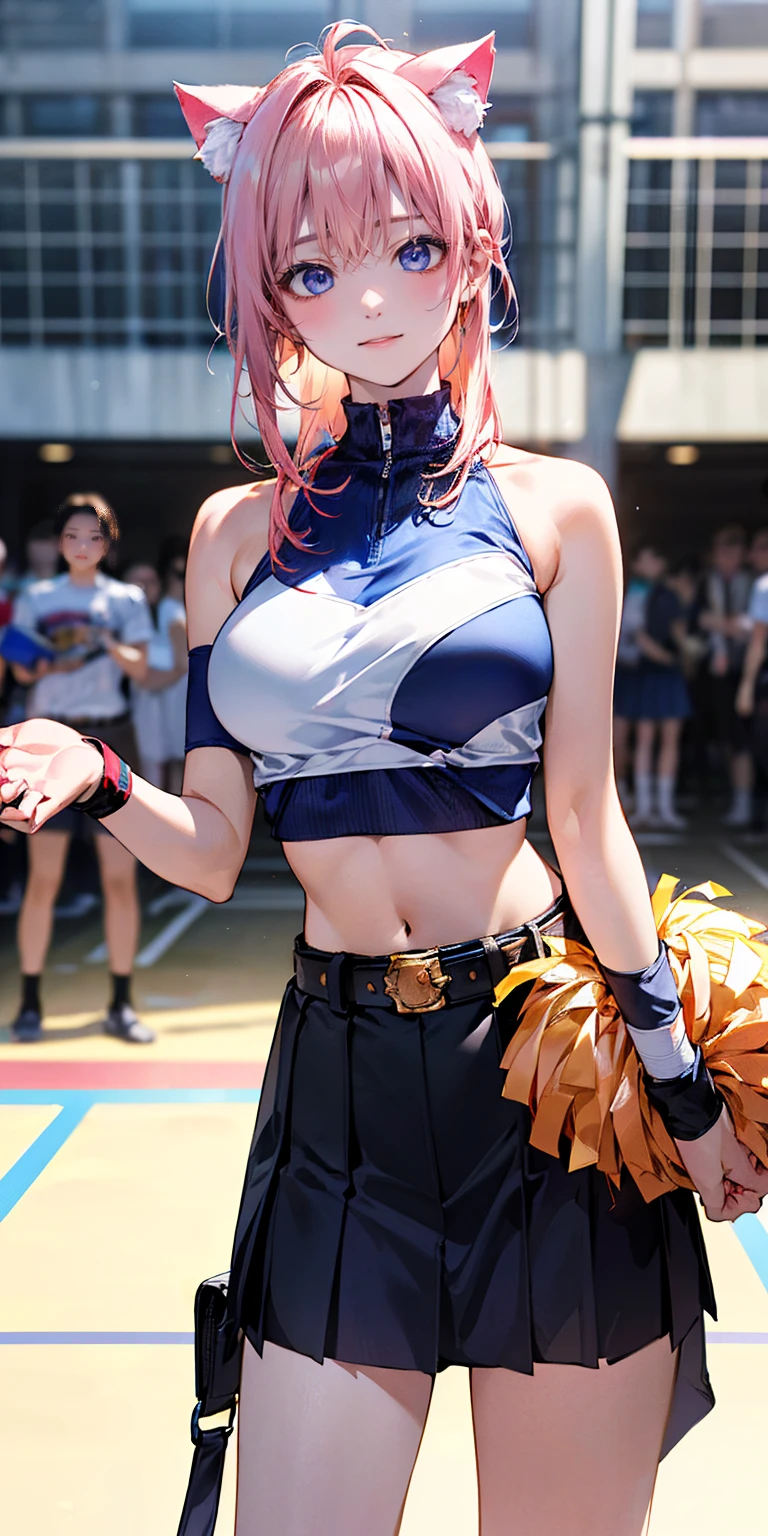 { 1girl, young funk rock star, ((singing)) on concert stage, crowds in distant background, (squeeze breasts), ((cowboy shot, low angle)) }, { }, { (masterpiece:1.4), (absurd resolution:1.4), (best quality:1.6), (photo realistic:1.8), (Luminous lighting:1.2), (Chiaroscuro:1.4) }, { ((young, cute, 20 years old)), (open mouth),(weeping:0),(smiling:1.2),(excited:1.2), (wet), (oily shiny skin),(((slender body))),(big breasts:0),perky nipples,((big pelvis)), ((bright red and teal hair)),(windy) }, { cheer leader shirts, ((underboob)), short skirt rolled up, ((see-through)) black panty, ((pubic hair)) }
