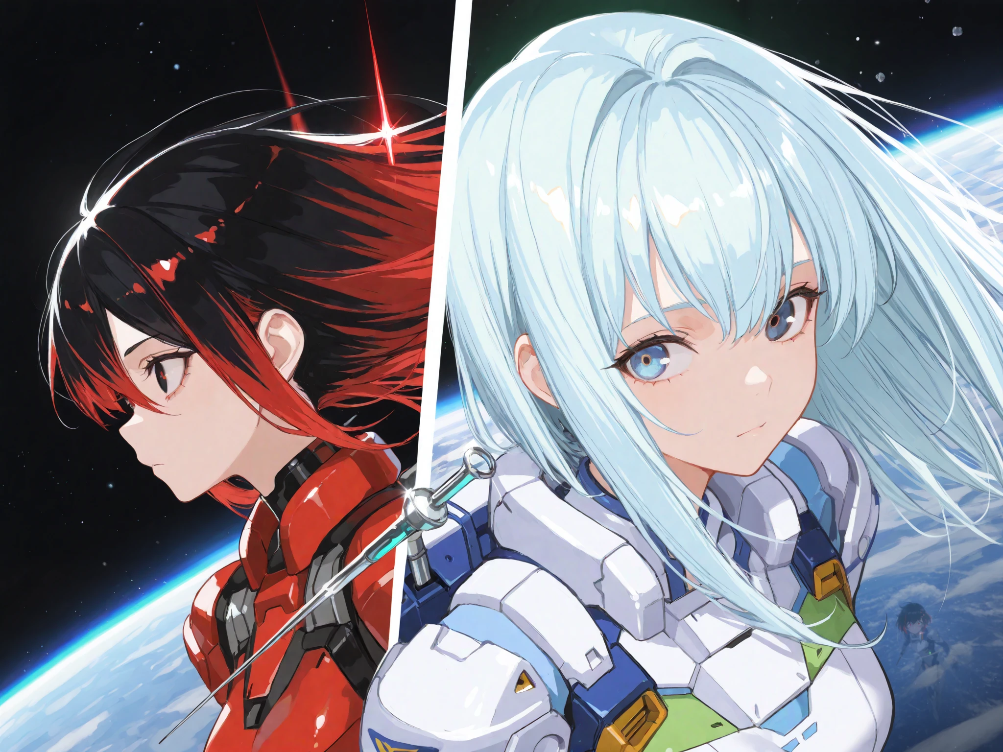 ( maximum resolution, Very Detailed , Best Quality ,precise, Masterpiece),Two girls,Floating in Space
( girl on the left , black hair,Long, straight hair, Side Wipe Hair , highlights bright red hair ,Needle-black eyes ,Red-eyed Widow ,Cold eyes,gundamaerial, )
(Girl on the right , light blue hair, green ,Light graying hair ,Short, smooth hair , Side Wipe Hair , Bright Hair Highlight,Blue eyes,gundamaerial)
( is anatomically correct., half body, anime images )