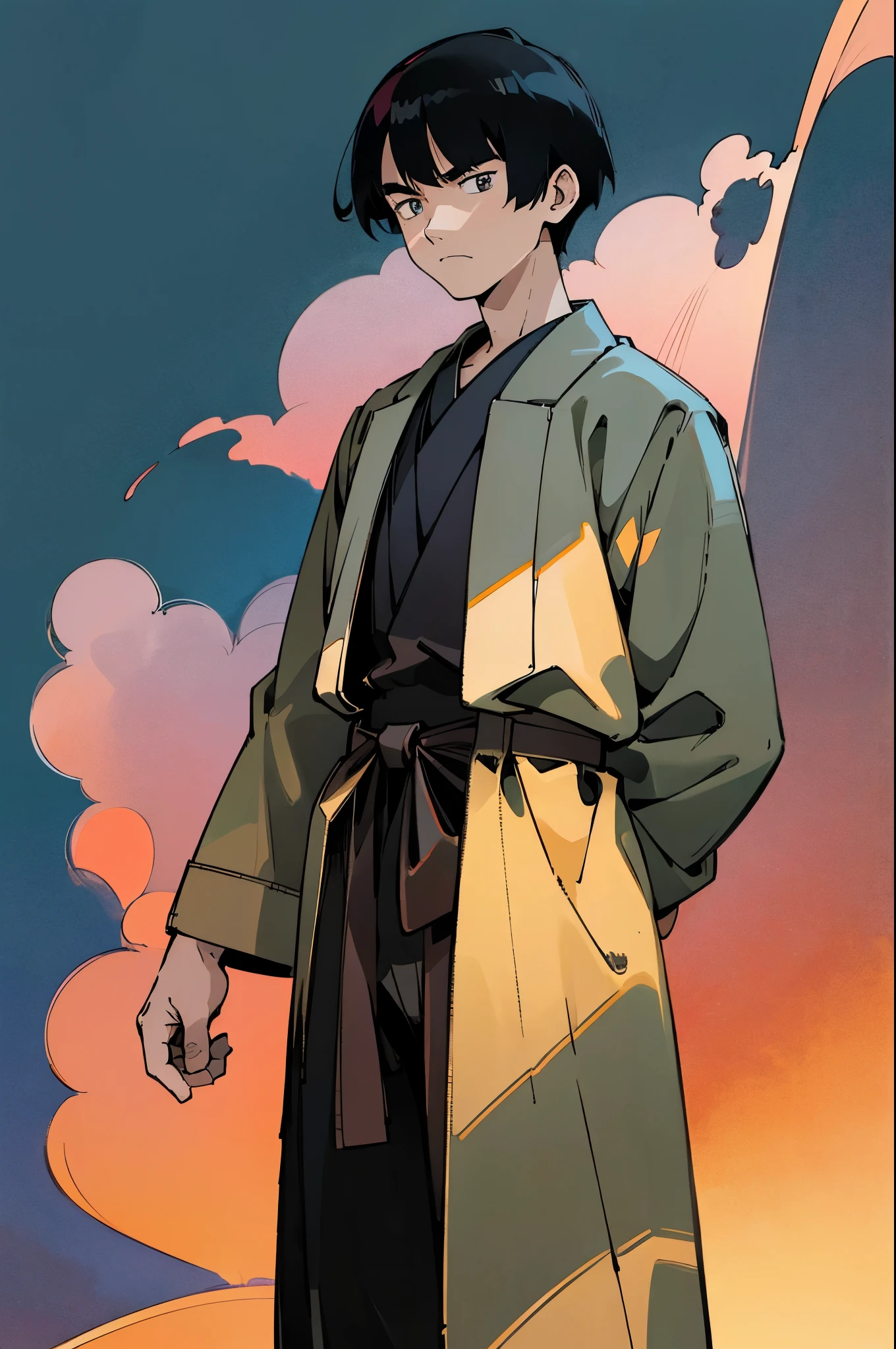 by Ken Sugimori, sugimori 1990s, ((only 1man)), adult, navy military uniform, Boshin war uniform, gold epaluets, scowling, ((hands behind their back)), full black pupils, manga, best quality, highly detailed, clean lines, cowboy shot, good hands, good eyes, hd, 8k, professional, symmetrical, hires, 8k,
