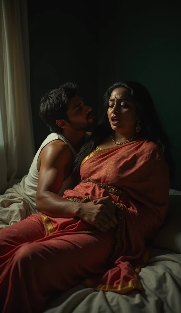 "An Indian man is lying in bed, while his wife, dressed in a saree, stands beside him."