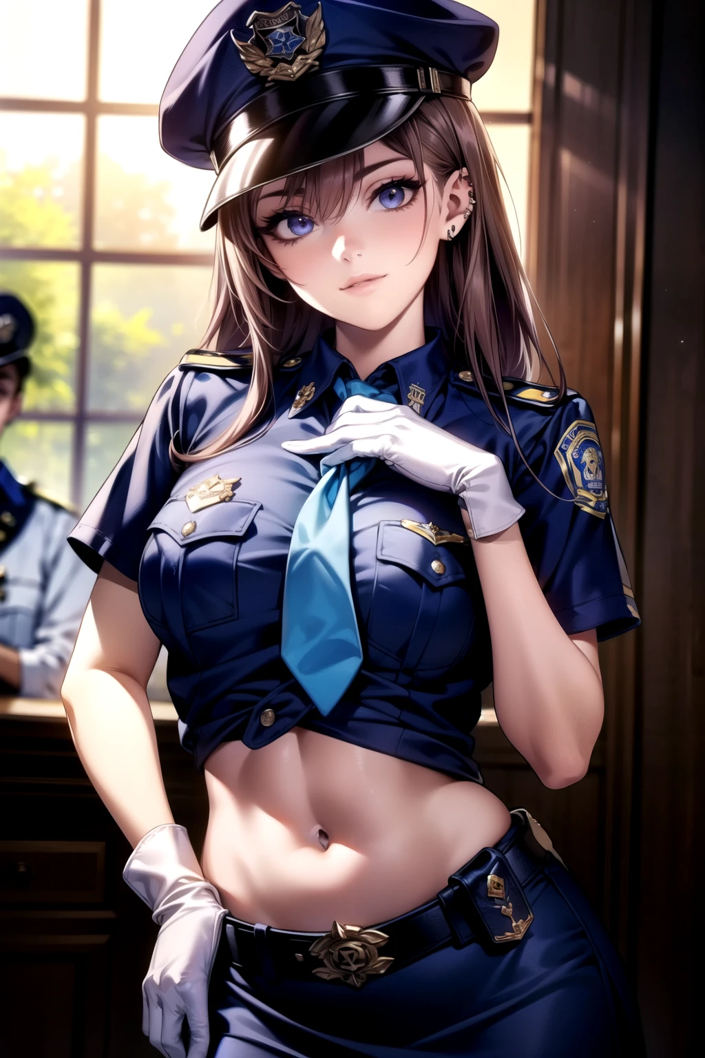 ((((( dynamic images)))、((Impactful images))、((( face best quality)))、masterpiece、 high resolution、8k highest quality、 realistic details 、female 1 person、 long dark hair、 silky hair、Brown piercing eyes、 charming eyes、Police Officer、Police Officerの制服を着用、日本の女性Police Officerの制服、light blue short shirt 、 lower breasts visible 、 belly button sticking out of the butt、Navy blue tie、 low rise mini skirt、belt、white gloves、 police hat、handcuffs