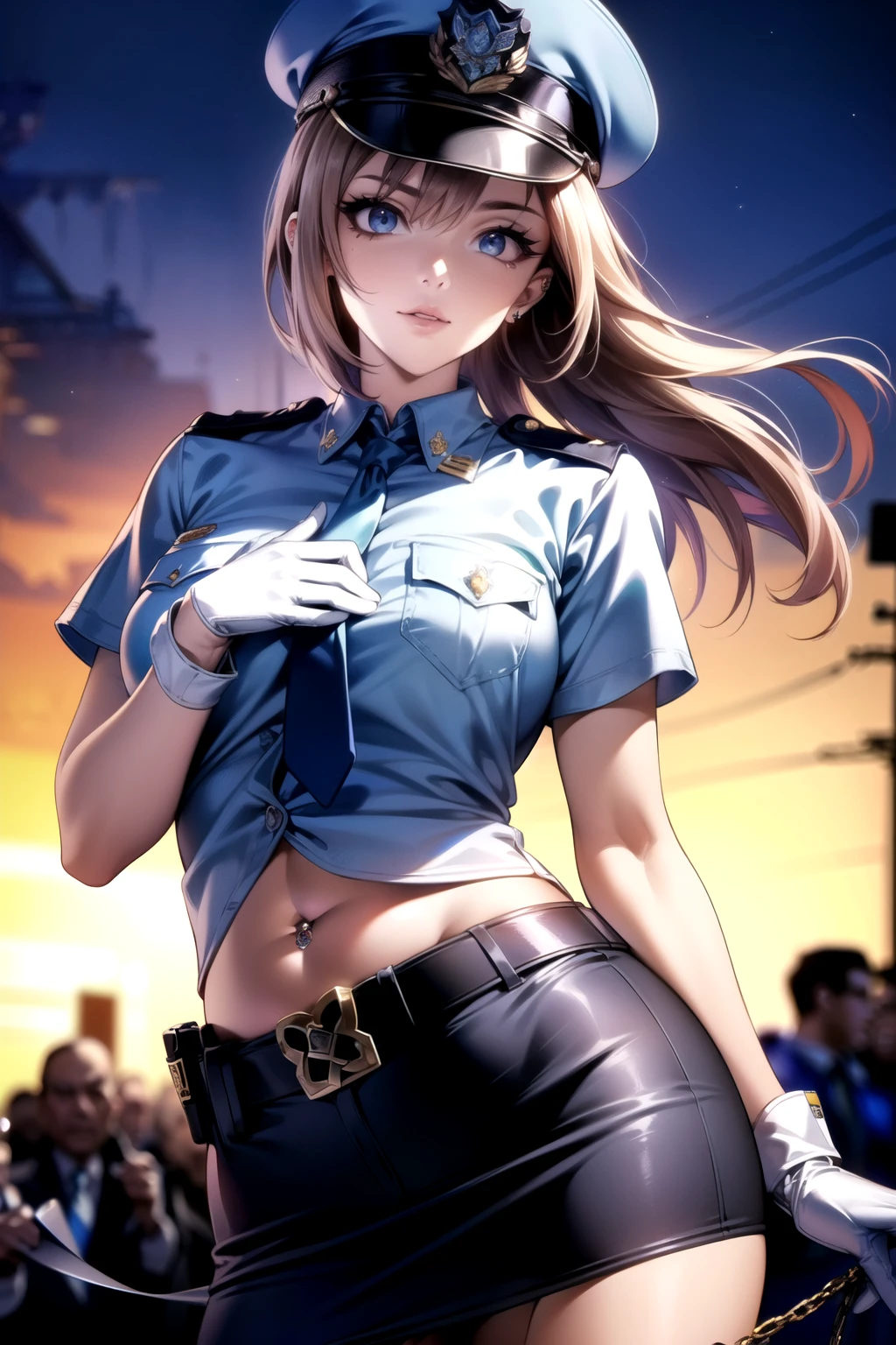 ((((( dynamic images)))、((Impactful images))、((( face best quality)))、masterpiece、 high resolution、8k highest quality、 realistic details 、female 1 person、 long dark hair、 silky hair、Brown piercing eyes、 charming eyes、Police Officer、Police Officerの制服を着用、日本の女性Police Officerの制服、light blue short shirt 、 lower breasts visible 、 belly button sticking out of the butt、Navy blue tie、 low rise mini skirt、belt、white gloves、 police hat、handcuffs、Pistol、if you don't stop, they'll shoot