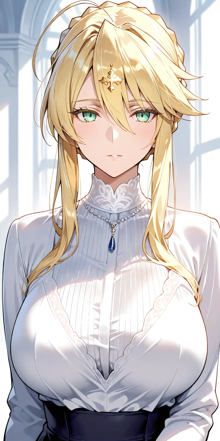 (best quality, highres), portrait, mature woman, blue eyes, long hair, swept-side bang, [[brown hair]], (blonde hair), big breast, high resolution cg 8k, beautiful cg