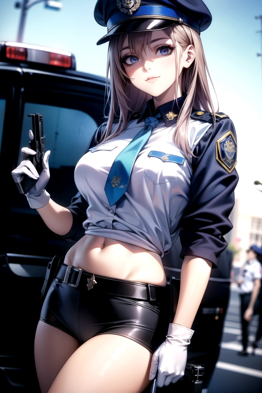 ((( dynamic images)))、((Impactful images))、((( face best quality)))、masterpiece、 high resolution、8k highest quality、 realistic details 、female 1 person、 long dark hair、 silky hair、Brown piercing eyes、 charming eyes、Police Officer、Police Officerの制服を着用、日本の女性Police Officerの制服、light blue short shirt 、 lower breasts visible 、 belly button sticking out of the butt、Navy blue tie、 low rise mini skirt、belt、white gloves、 police hat、handcuffs、Pistol、if you don't stop, they'll shoot、mini police car 、