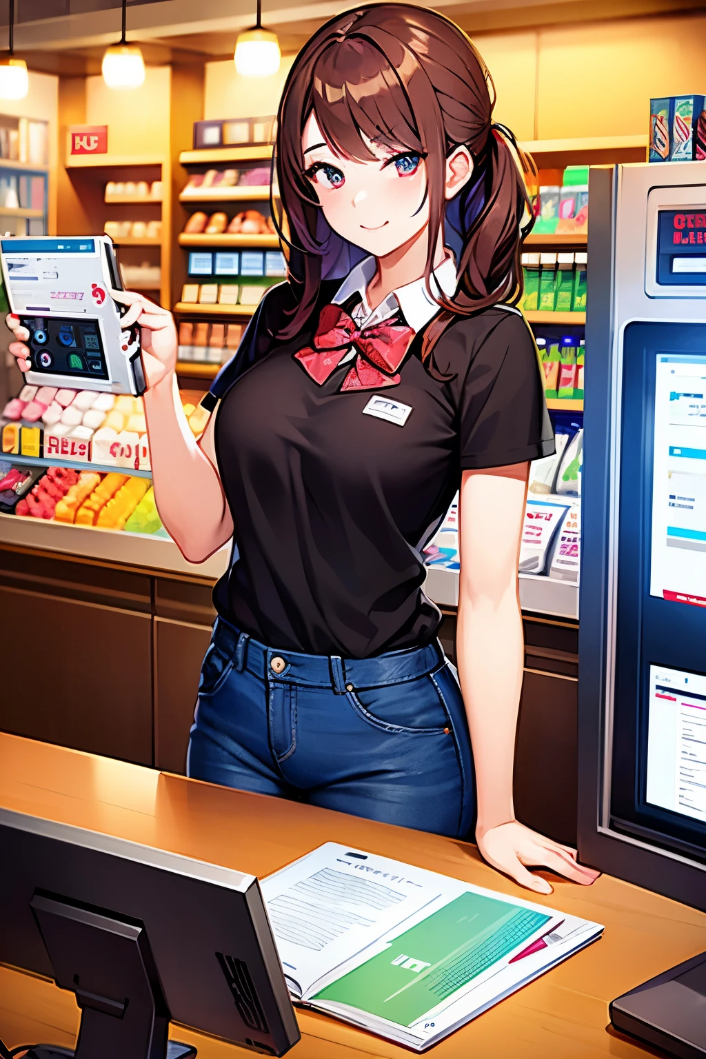 Highest quality、super high quality、16K, Delicious breasts、Facial expressions are random、The place is a convenience store、 Her hair color is red、The pose is of a person working at the cash register at a convenience store.、The distance is random、Angles are random、Small face、Very delicate facial expressions、Delicate eye depiction、Highly detailed hair、Erotic、18-year-old female、Glowing Skin、Soft Skin、The only sexy Japanese woman、The clothes are random convenience store clerks、1 female、