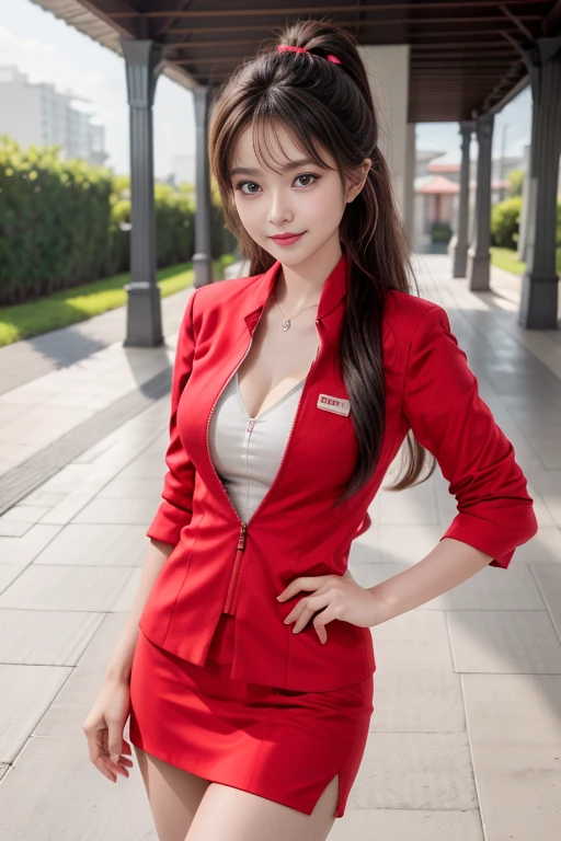 (masterpiece:1.2, highest quality:1.2), 32K HDR, High resolution, (alone、1 girl)、（At the airport entrance、Professional Lighting）、Skyscraper Background、Beautiful city view、（Realistic style with AirAsia flight attendant uniforms）、（AirAsia uniform unzipped red jacket、AirAsia uniform long sleeve red jacket、AirAsia uniform red mini tight skirt、AirAsia uniform white shirt unbuttoned）、Big breasts showing cleavage、（AirAsia uniform shirt cleavage reveals big boobs）、Dark brown hair、ponytail、Red rubber band、（Long hair that reaches down to the legs、Tie your hair behind your head、Her tied-up long hair flutters in the wind）、A strong wind is blowing、Long Shot、（（Fine hand：2.0）），（（Harmonious body proportions：1.5）），（（Normal limbs：2.0）），（（Normal finger：2.0）），（（Delicate eyes：2.0）），（（Normal eyes：2.0））)、Luxury Necklace、Beautiful standing posture