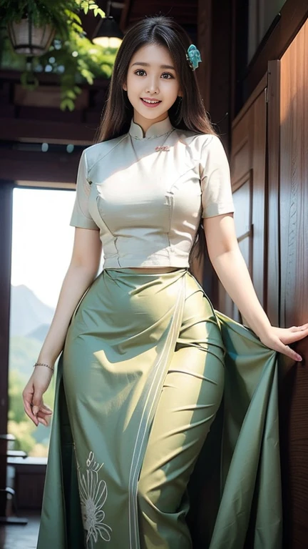 Burmese girl with attractive curvy full body. Friends full-length bikini, (green dress) reflective long dress painted with flower patterns, only dress. hi gh hips High resolution High resolution natural background High resolution HD 3D, 8K cartoon anime