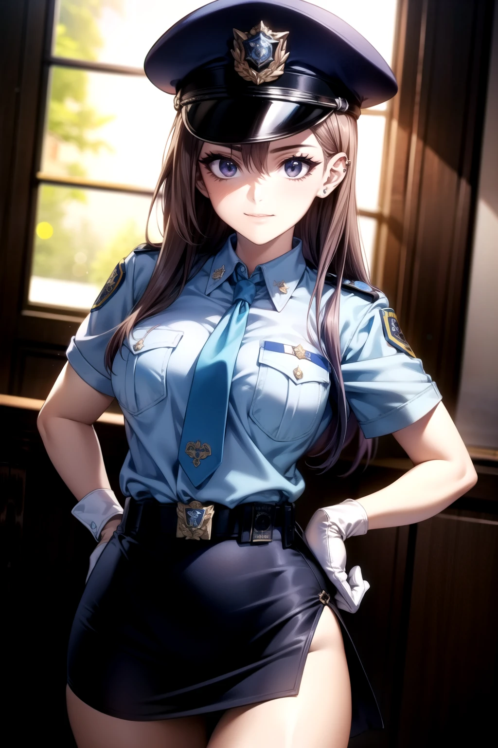 Anime girl in uniform posing in front of window with hat - SeaArt AI