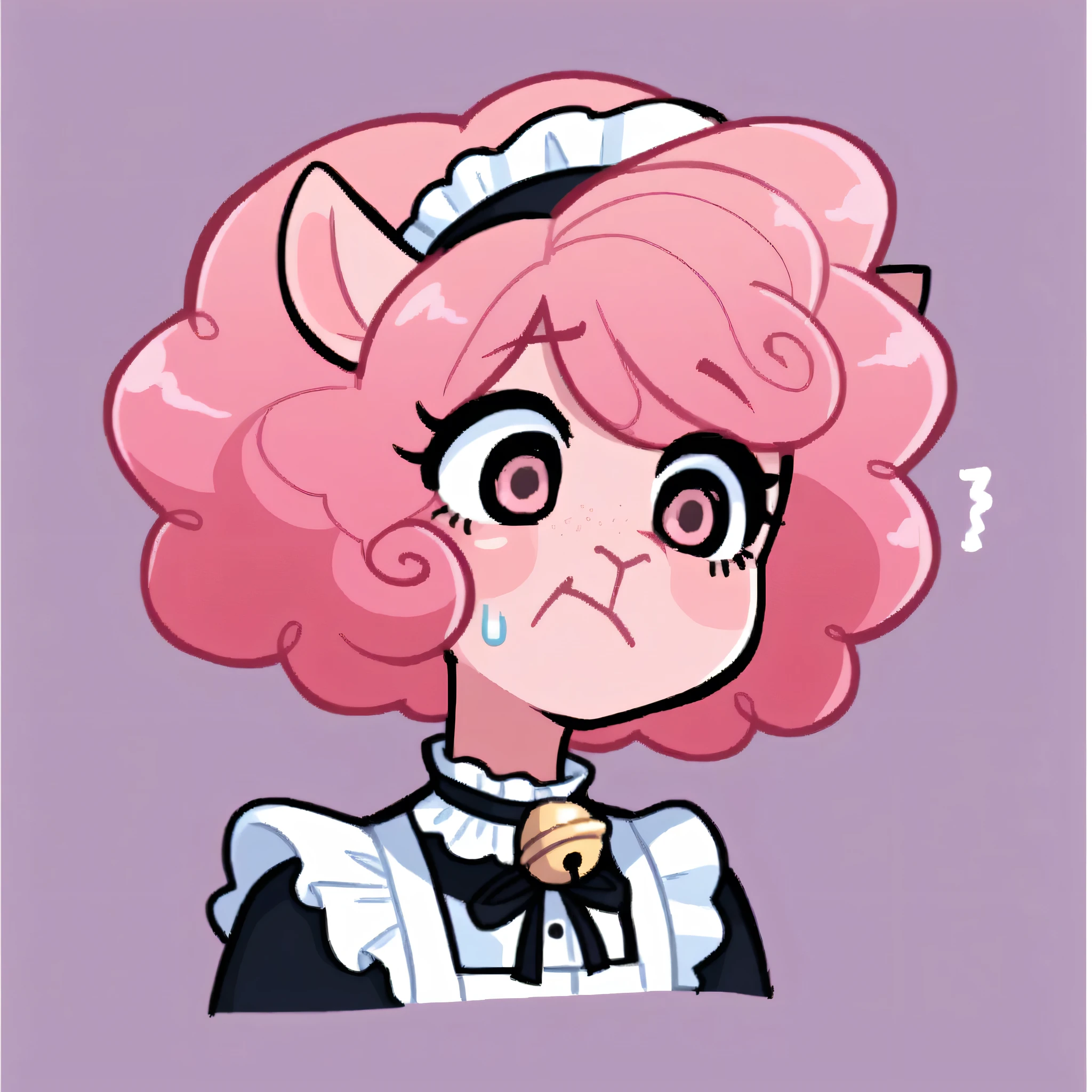 better quality, very detailed illustration ( Anthropomorphic furry sheep:1,7) , femboy, ruffled voluminous bouncy hair , delgado, ideal body, simple drawing, Artifyber style , pastel flat colors , beautiful, cartoon ,solo,baker, short curly pink hair, maid clothes, frilly apron, a smile, fluffy curly tail, sheep ears, bell collar, ram horns, scared, frown, sweating