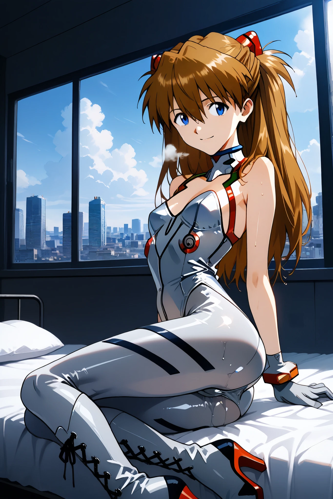 asuka_langley,1 female,solo,looking at the scenery,smile,
I_,wet brown hair,viewer,blue eyes,long hair,hair between the eyes,beautiful eyes,more detailed hair,
silver lace up boots,thigh-high boots,high heels,silver leather bunny suit(1.3),play boy bunny,silver gloves,fishnet tights,
portrait,background,day,cloudy,city,
face_concentration,close-up,
beautiful legs,very thin thighs,thin calves,beautiful face,beautiful skin,
flat breast,nallow waist,butt close-up,Sweaty,incontinence,White Breath,I can see her panties,anatomically correct,
highest quality,masterpiece,high definition,soft lighting,
indoors,on bed,bed room,cowboy shot,dutch angle