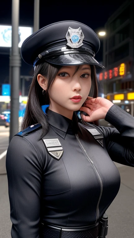 1girl, police woman, uniform, night street, lighting on face, bright back lighting, <lora:japaneseDollLikeness_v10:0.1>, medium breast, ultra high res, best quality, photo, 4k, (photorealistic:1.2),