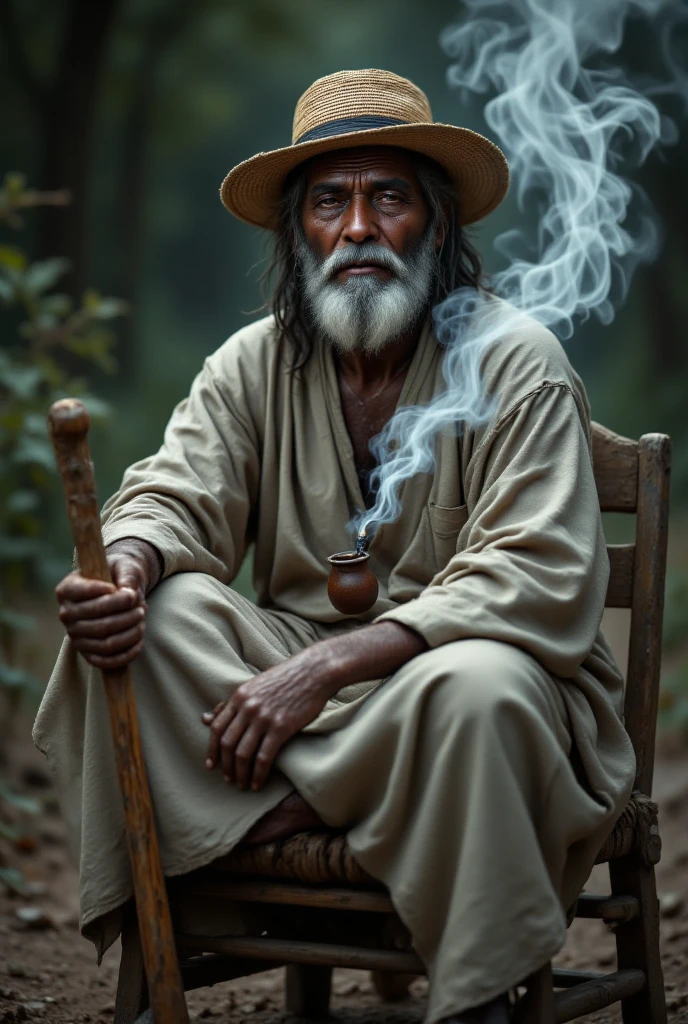 Mestre Zé da Risada is an imposing and charismatic figure of the Sacred Jurema. he is portrayed as an older man, dark-skinned, with a witty expression and sharp gaze, which reflects both his wisdom and his cunning.

He wears a white hat with a black stripe, a symbol of their authority and respect within spirituality. around the neck, sports a guide made of mucunã seeds, an element that represents your connection with nature and ancestral strength.

In one hand, firmly holds an angico pipe, from which smoke comes out with a confident posture, showing his mastery over the spiritual elements. In the other hand, he carries a bottle of wine, which he enjoys as part of his rituals and celebrations.

Zé da Risada is often represented in a mystical environment, like a dense forest, with ancient trees and deep shadows, where his presence makes the environment vibrate with energy. He is seen stepping on a wooden stump, that seems to shake or tremble under its power, symbolizing your ability to influence and shape the reality around you.

His expression is both friendly and firm., showing that, although I am willing to help, does not tolerate disrespect or frivolity. The combination of these elements makes Mestre Zé da Risada a respected and feared figure., a spiritual guide who does not hesitate to defend what is his.

He can&#39;t miss the pipe and his clothes are white, he wears a shirt, pants and scarf around the neck 