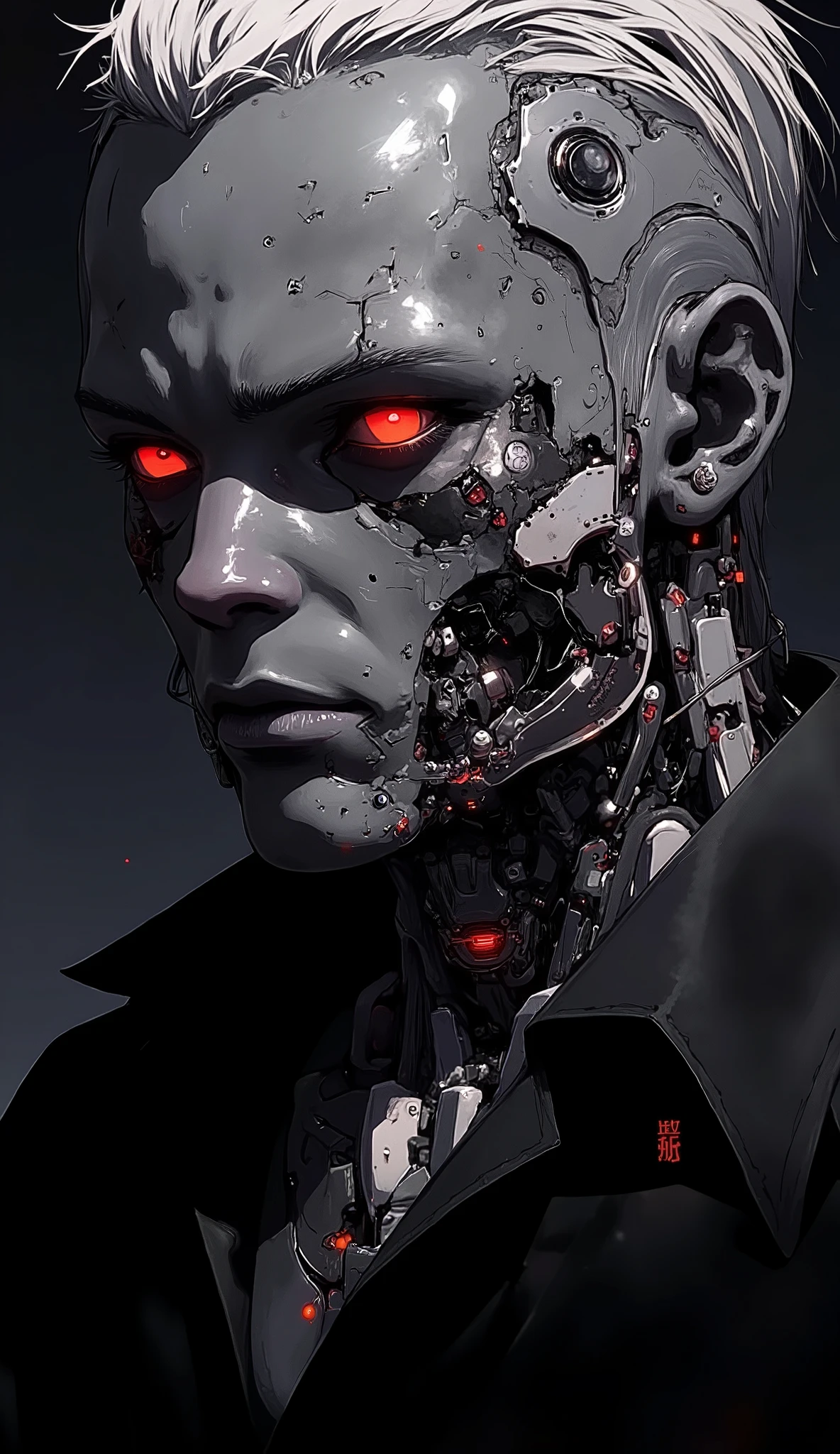 close-up, cyberpunk, cyborg, male, short gray hair, glowing red eyes, visible cybernetic implants on neck and face, dark gray skin, wearing dark clothing, intense stare, detailed, gritty, dark, illustration, digital painting, by Tsutomu Nihei, trending on ArtStation.