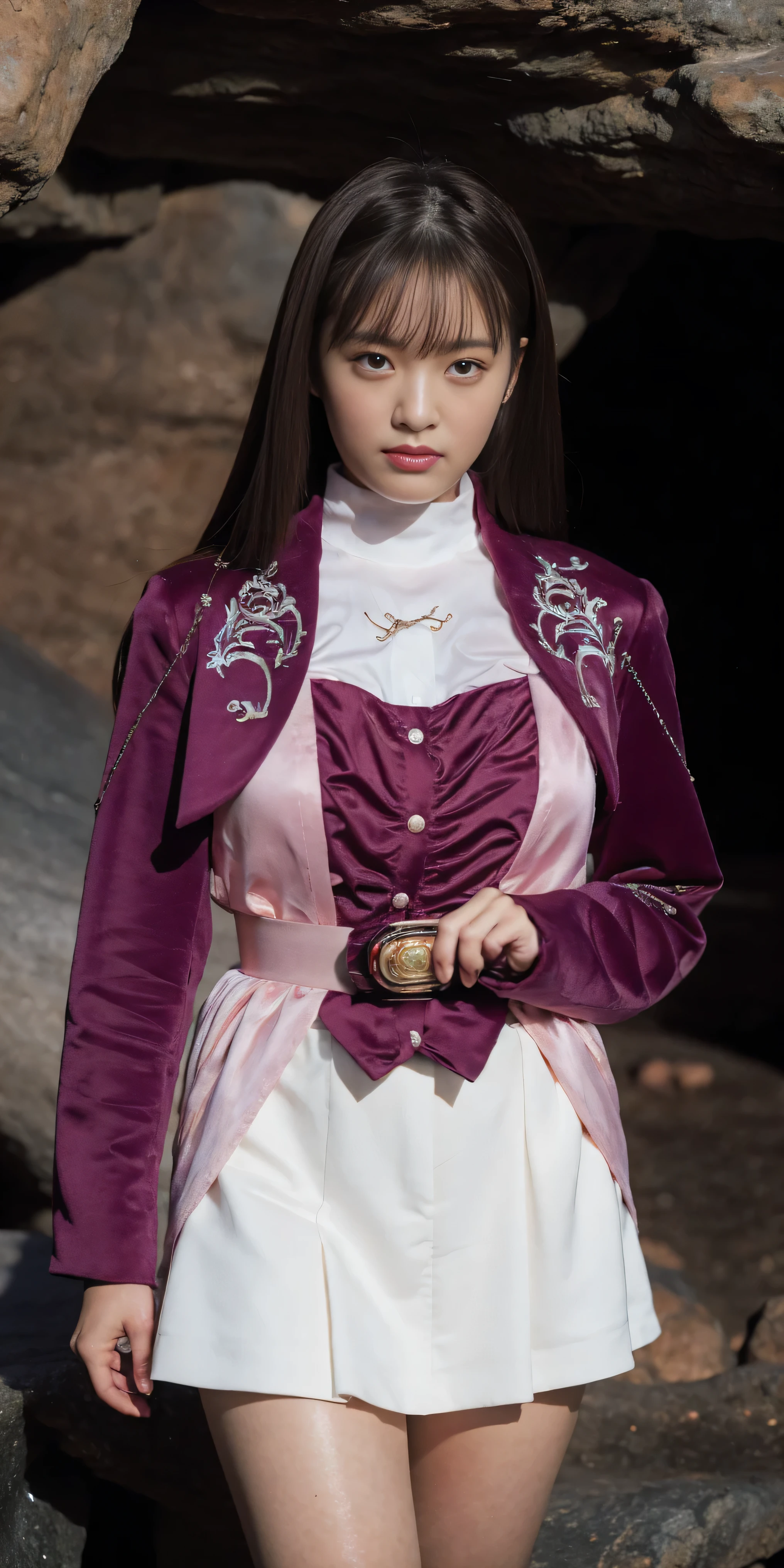 (Extremely detailed CG), ( best quality ), ( in a dark cave),Front , angle from the front,(( facing the front)),(( 1girl )), perfect face, shiny skin, Wide Hips , Thin Waist , ,May, purple bolero jacket with tentacles entwining the whole body, white skirt, Long Sleeve, pink belt , brown hair , expressionless , manipulate straight hair, Character Portraits ,