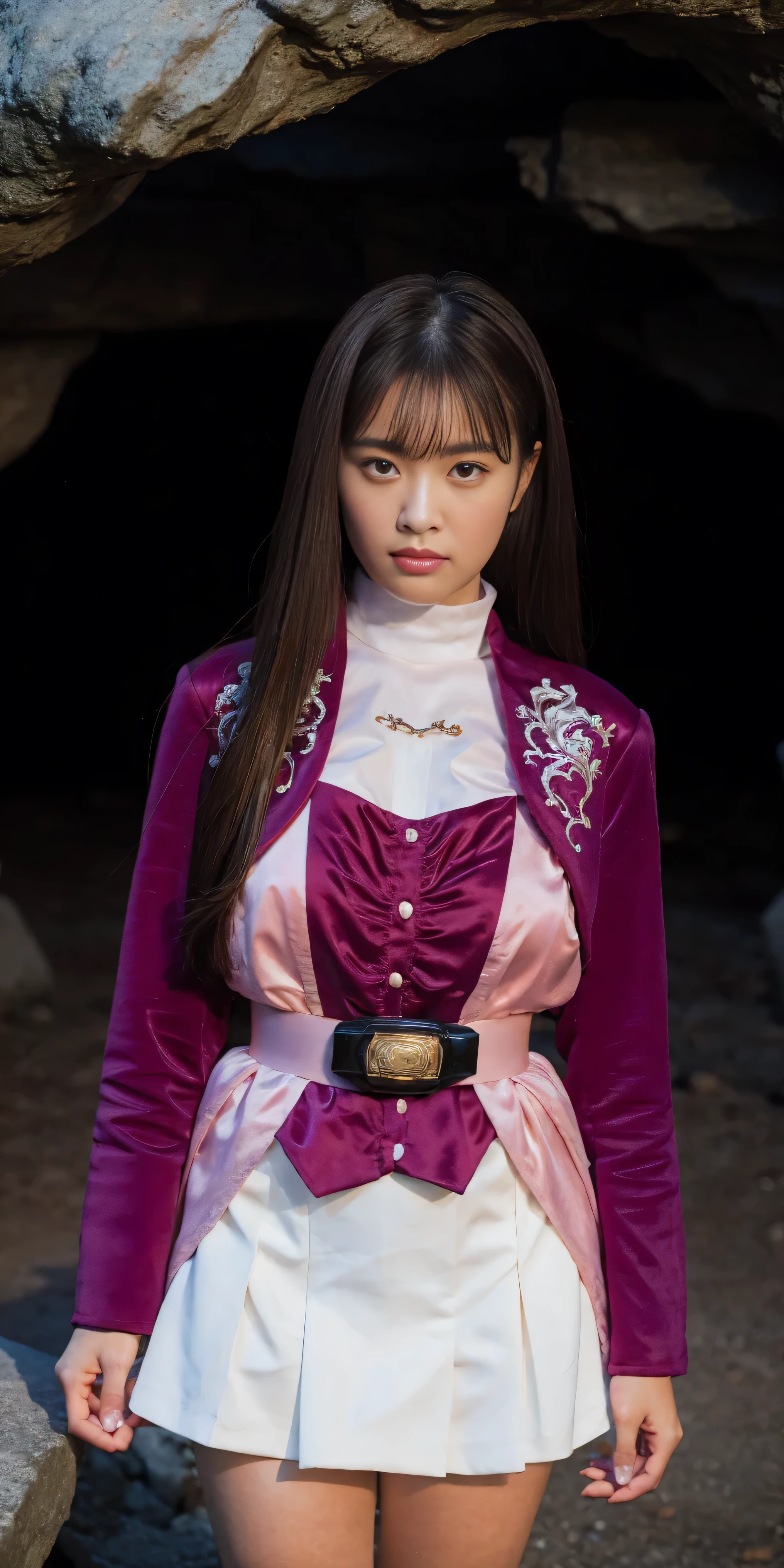 (Extremely detailed CG), ( best quality ), ( in a dark cave),Front , angle from the front,(( facing the front)),(( 1girl )), perfect face, shiny skin, Wide Hips , Thin Waist , ,May, purple bolero jacket with tentacles entwining the whole body, white skirt, Long Sleeve, pink belt , brown hair , expressionless , manipulate straight hair, Character Portraits ,