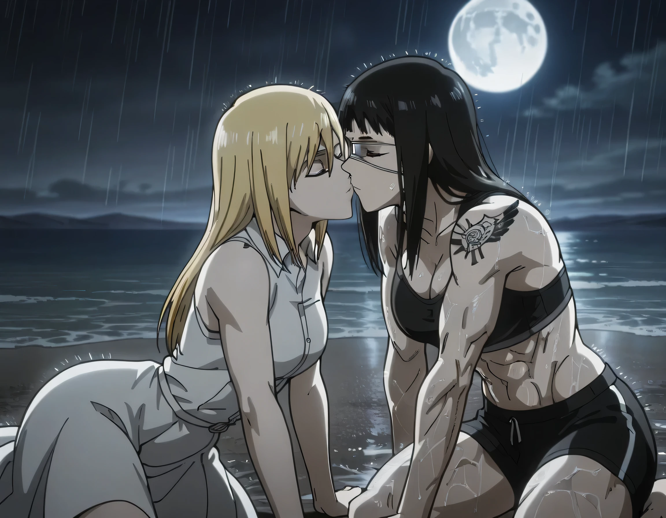 2girl,,mm,mature female,black hair,eyepatch,brown eyes,medium breasts,anime coloring,long hair, muscular,black sport bra and black sport shorts,cowboy shot,beach, tattoo, ,masterpiece,best quality,amazing quality,having a penis,Valmet enjoy kissing,muscles detailed,muscles lines,pelvis muscles,Shining muscles,, , blonde hair long hair historia reiss with valmet ,,lesbians,yuri,romantic yuri,historia reiss love,historia reiss soft body,historia reiss closed eyes,historia plush face,bodys stuck together,Valmet hands on historia reiss,historia reiss with beautiful Curves,historia reiss hands around Valmet back,historia reiss not having any muscles historia reiss kissing Valmet wets bodys,dynamic sex,,in night,moon,shadows on character's body,historia reiss wearing white dress sleeveless,wets,raining,historia reiss laying her back on ground,Valmet above historia reiss,historia reiss open legs,Valmet her body laying top on historia reiss,sleeping kissing,historia reiss and valmet kissing deep,historia Reiss open legs to Valmet waist,historia reiss body small than valmet body,difference body sizes,Valmet taller than historia reiss,,Valmet ×historia reiss