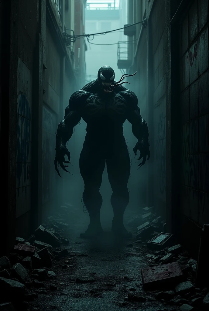 A dark alley with a shadowy figure resembling Venom, and a glowing light in the distance hinting at mysterious activity.