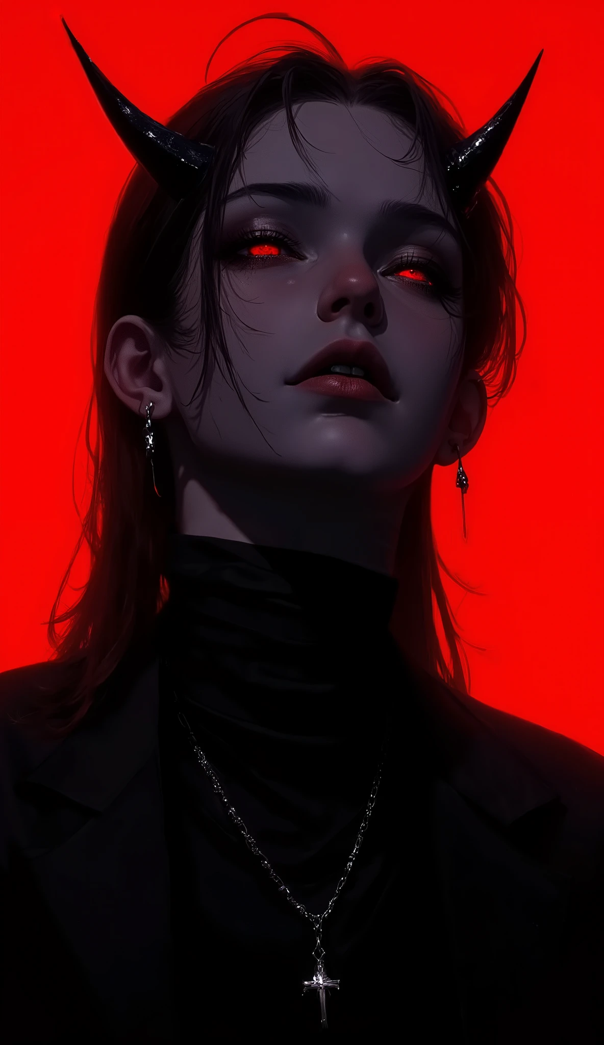 Portrait, male, devil horns, red eyes, dark, dramatic lighting, turtleneck, sharp jawline, intense gaze, noir, red background, black jacket, silver earrings, silver necklace with pendant