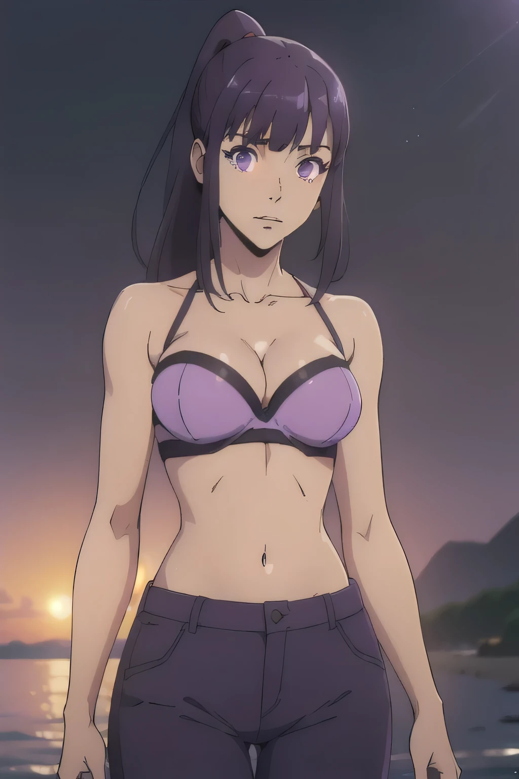 1 girl in, 18, photo of Sung Jinha, Solo Levelling Waifu, photo of perfect woman, Solo, Aesthetic artwork, (long hair, straight purple hair, long ponytail, dark purple hair, bangs: 1.25), (violet eyes, clear skin, fare skin, small breasts, B-cup, runners body, very thin waist, skinny, petite, detailed skin texture, (Masterpiece), (cleavage, focus on breasts:1.2), (revealing clothing, (wearing tube top, purple pants, bracers, cowboy shot), (Beach sandy, sunset on the water, evening), (extremely detailed 8k wallpaper), soft lighting, high quality, film grain, 50mm, High Detail, Sharp focus, (natural light), (cowboy photo:1.2), light particles