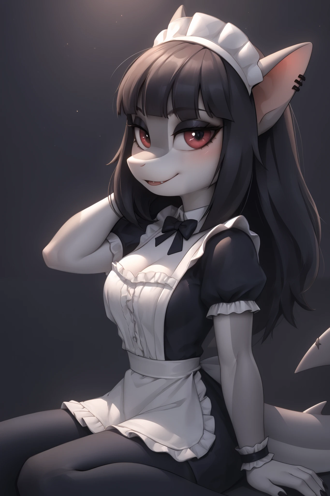 (8k, Realistic, RAW Photos, Highest quality: 1.3), (Fox Girl, Fox Ears, Fox Makeup, One Girl, Long Hair, Alone on the screen, dark skin, High definition, high resolution:1.6), とてもbeautiful, (Realistic Face), (boyish, Silver color very long hair), (maid apron, Black and white clothes, skirt:1.6), (Body measurements are 75-60-75!, Young girl body, Small breasts, skirt hold, slender, muscle:1.9), A brilliance that captivates the viewer, beautiful expression, beautiful breasts, (Realistic Skin), beautiful..., bent over
