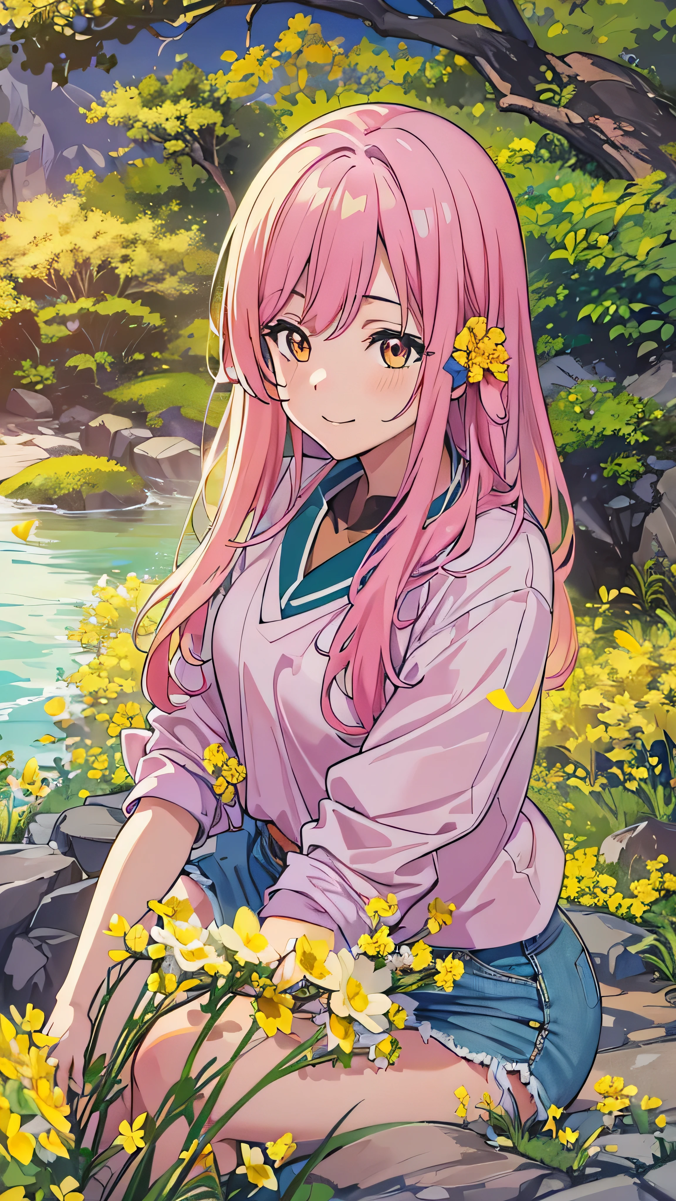 8k resolution, surreal, very detailed, High Quality , perfect anatomy, ( girl : 1.1), girl 1名, Beautiful Japanese Women,18 years old, , detailed face, long hair, ( Face Details ),(Full body high definition image), ( pink shirt and denim ), ( cameltoe), cute smile, Japanese idol face, ,(((A park on a hill where you can see the beautiful sea with yellow flowers passing through the sky)))