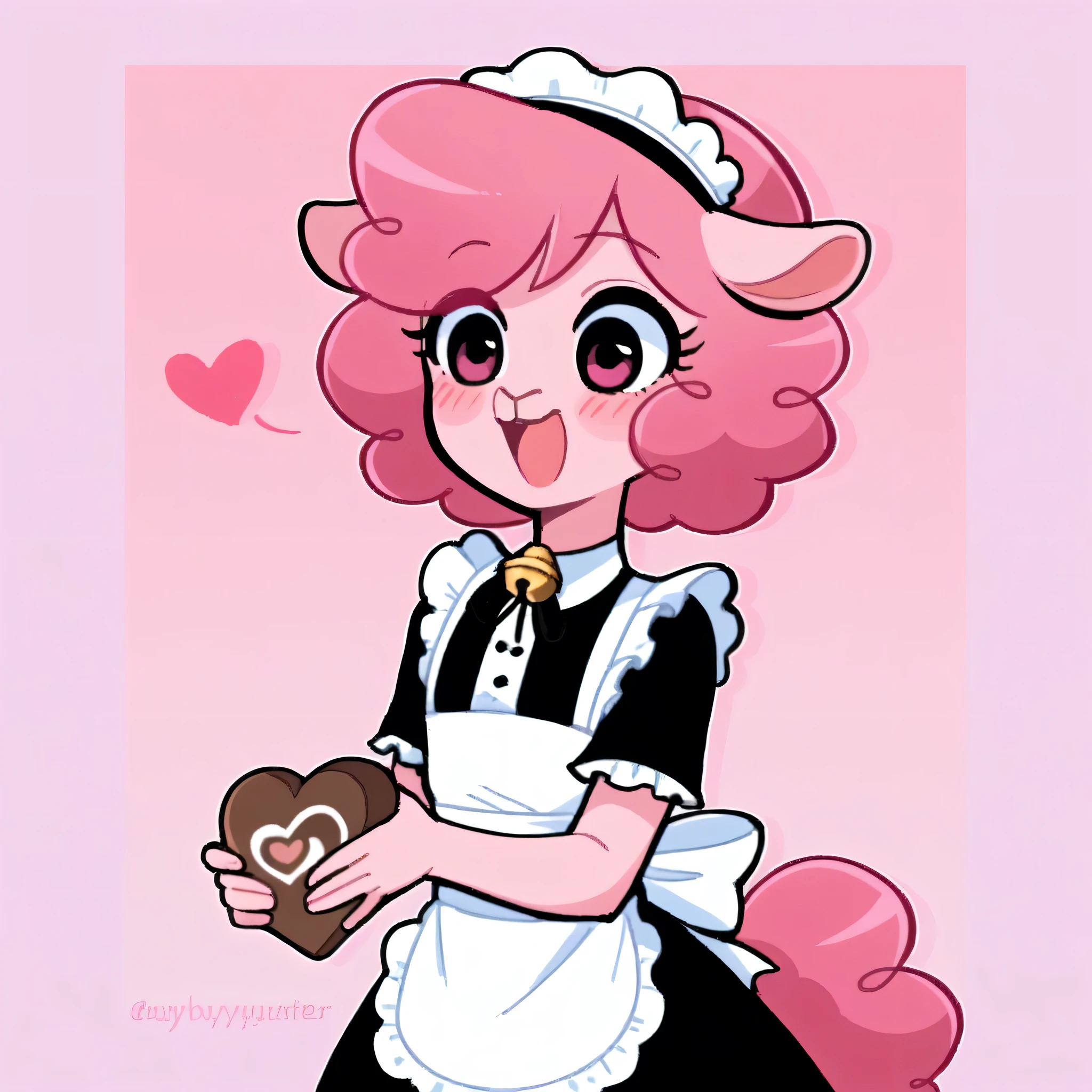 better quality, very detailed illustration ( Anthropomorphic furry sheep:1,7) , femboy, ruffled voluminous bouncy hair , delgado, ideal body, simple drawing, Artifyber style , pastel flat colors , beautiful, cartoon ,solo,baker, short curly pink hair, maid clothes, frilly apron, a smile, fluffy curly tail, sheep ears, bell collar, ram horns, blushing, in love, holding a heart