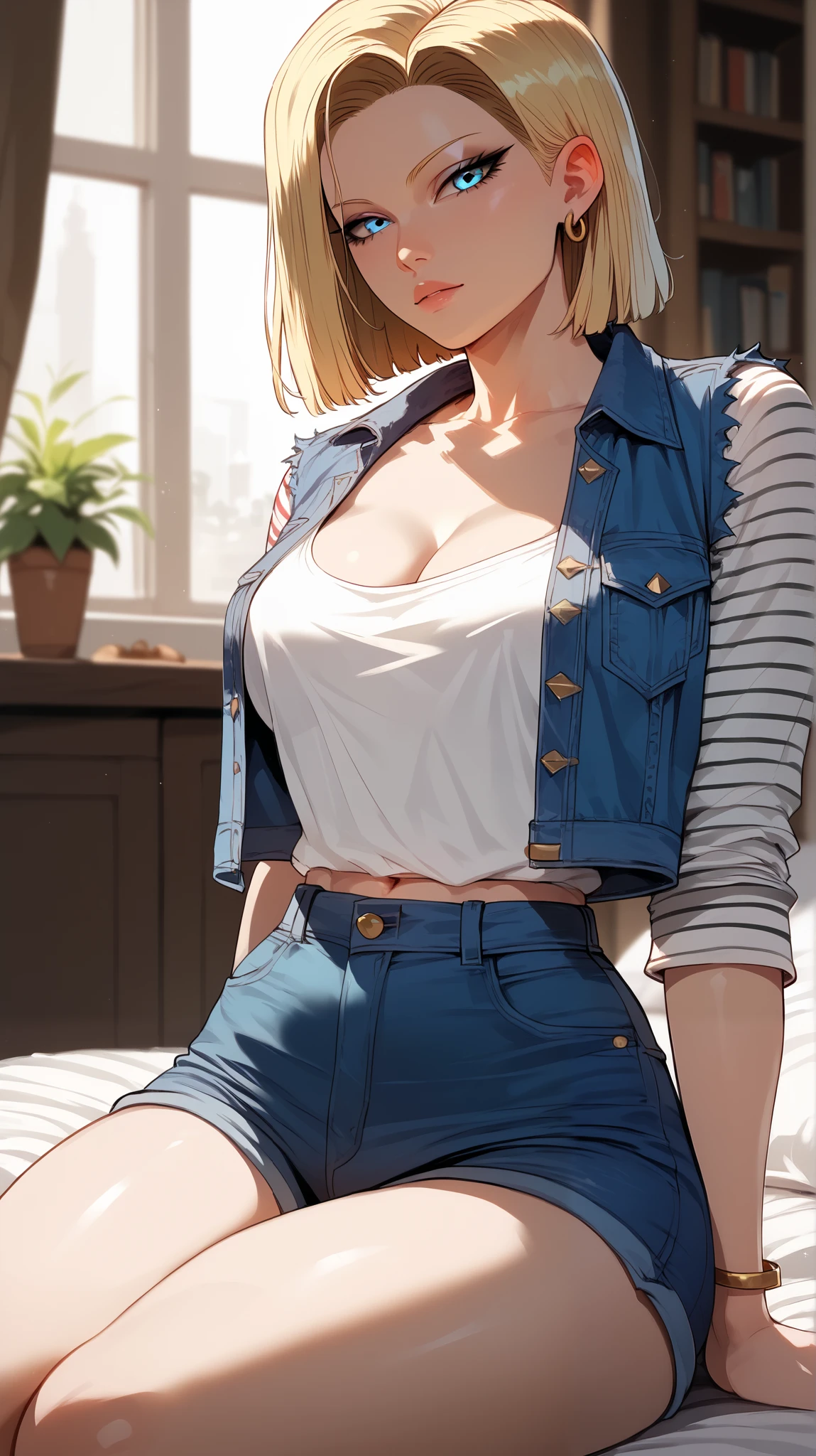 Android 18 style, perfect eyes , perfectly sexy face, ultra detailed, ultra perfect eyes , big beautiful woman , sitting, dark blue shorts, Body, looking at the viewer,