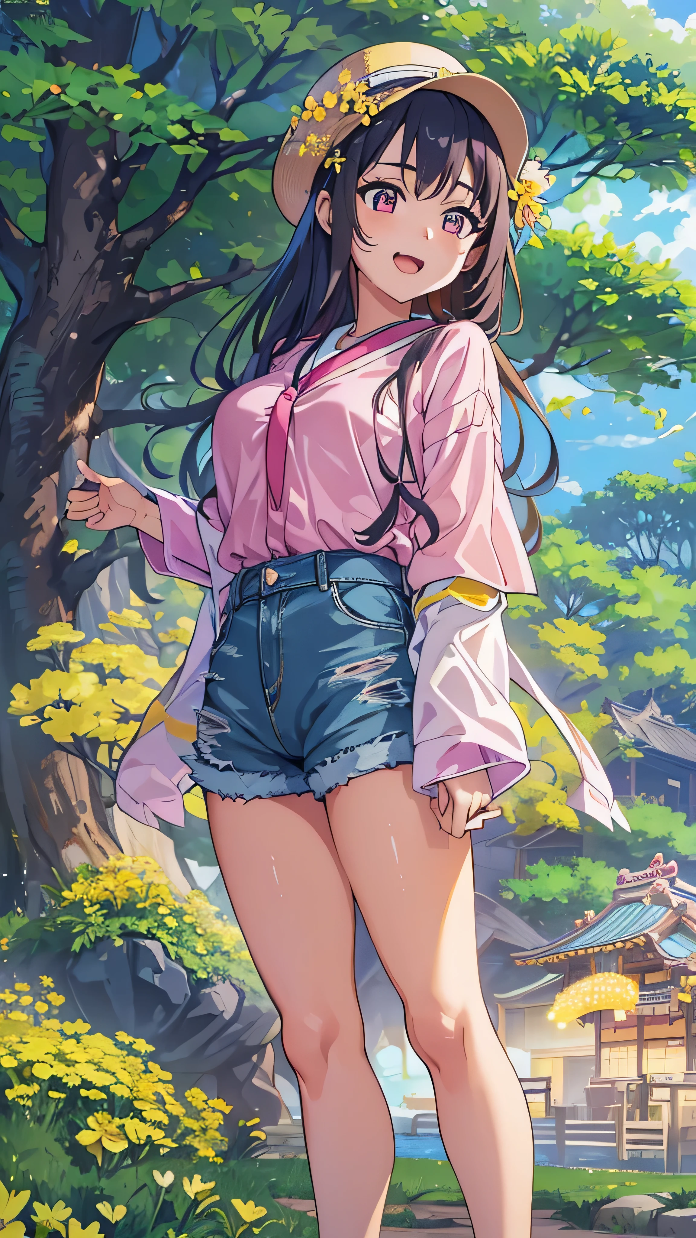 8k resolution, surreal, very detailed, High Quality , perfect anatomy, ( girl : 1.1), girl 1名, Beautiful Japanese Women,18 years old, , detailed face, long hair, ( Face Details ),(Full body high definition image), ( pink shirt and denim ), ( cameltoe), cute smile, Japanese idol face, ,(((A park on a hill where you can see the beautiful sea with yellow flowers passing through the sky)))