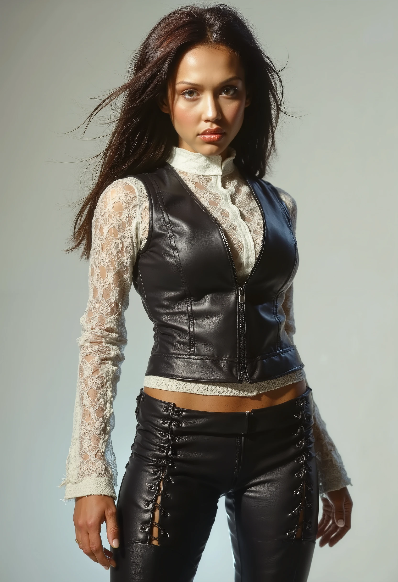 Photo full portrait of [Jessica alba] photo real. Full body. steampunk women in body tight leather pant and white lace shirt “full body portrait”