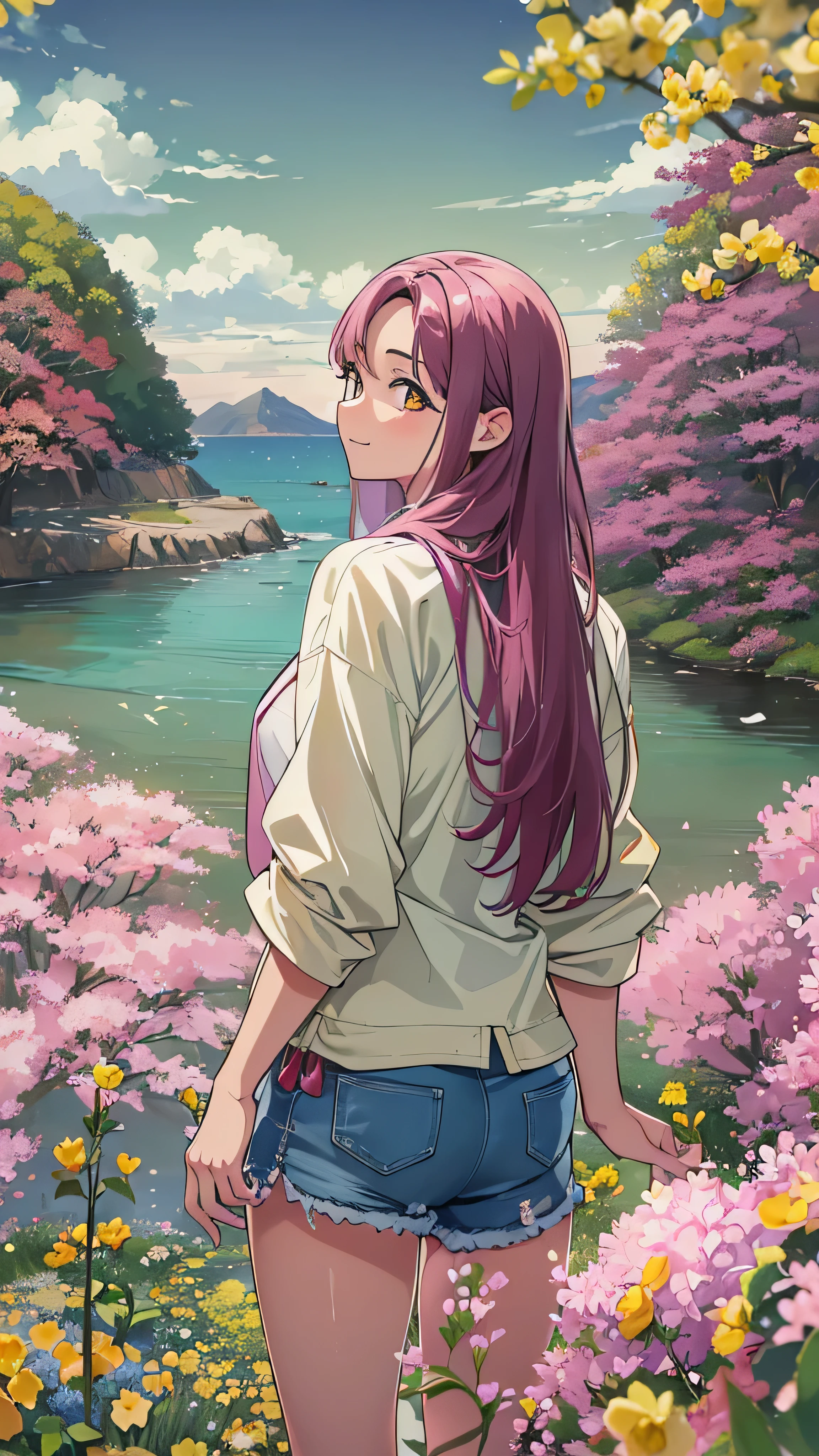 8k resolution, surreal, very detailed, High Quality , perfect anatomy, ( girl : 1.1), girl 1名, Beautiful Japanese Women,18 years old, , detailed face, long hair, ( Face Details ),(Full body high definition image), ( pink shirt and denim ), ( cameltoe), cute smile, Japanese idol face, ,(((A park on a hill where you can see the beautiful sea with yellow flowers passing through the sky)))